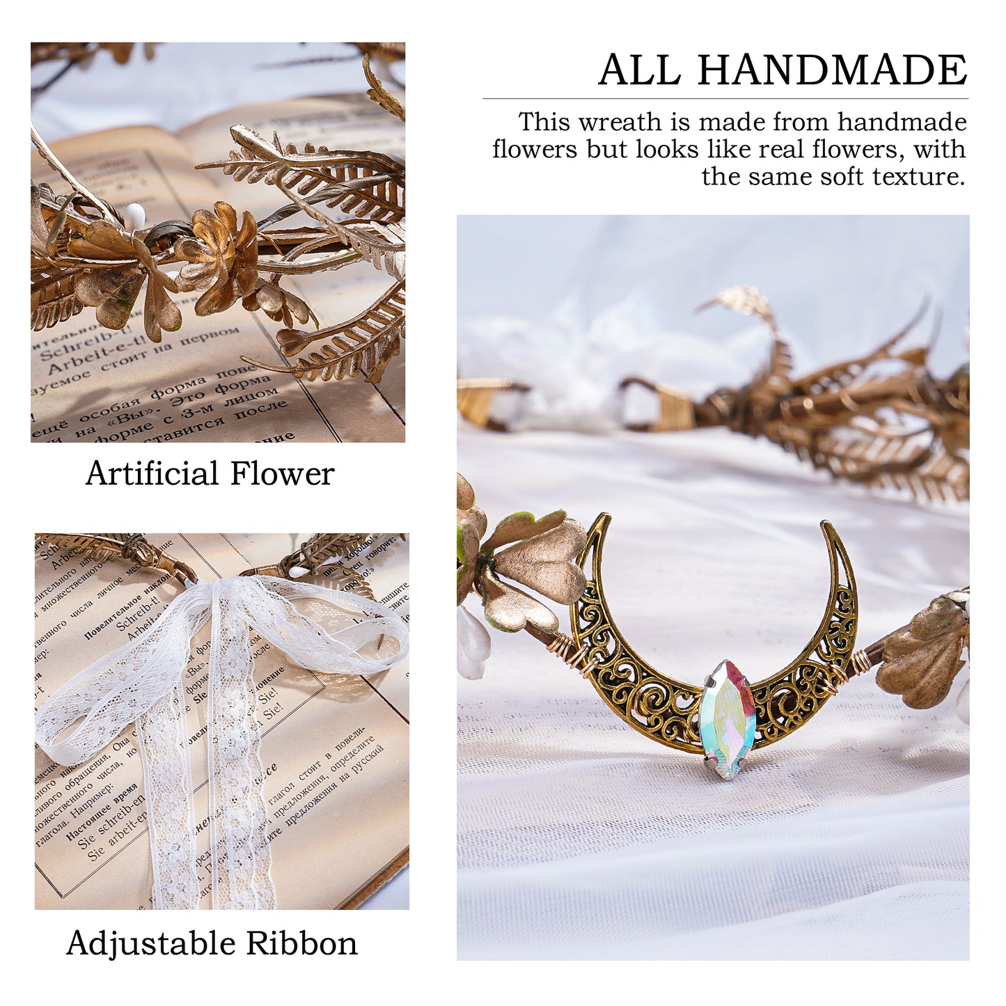 Handmade Gold Moon Flower Crown - Woodland Fairy Headband