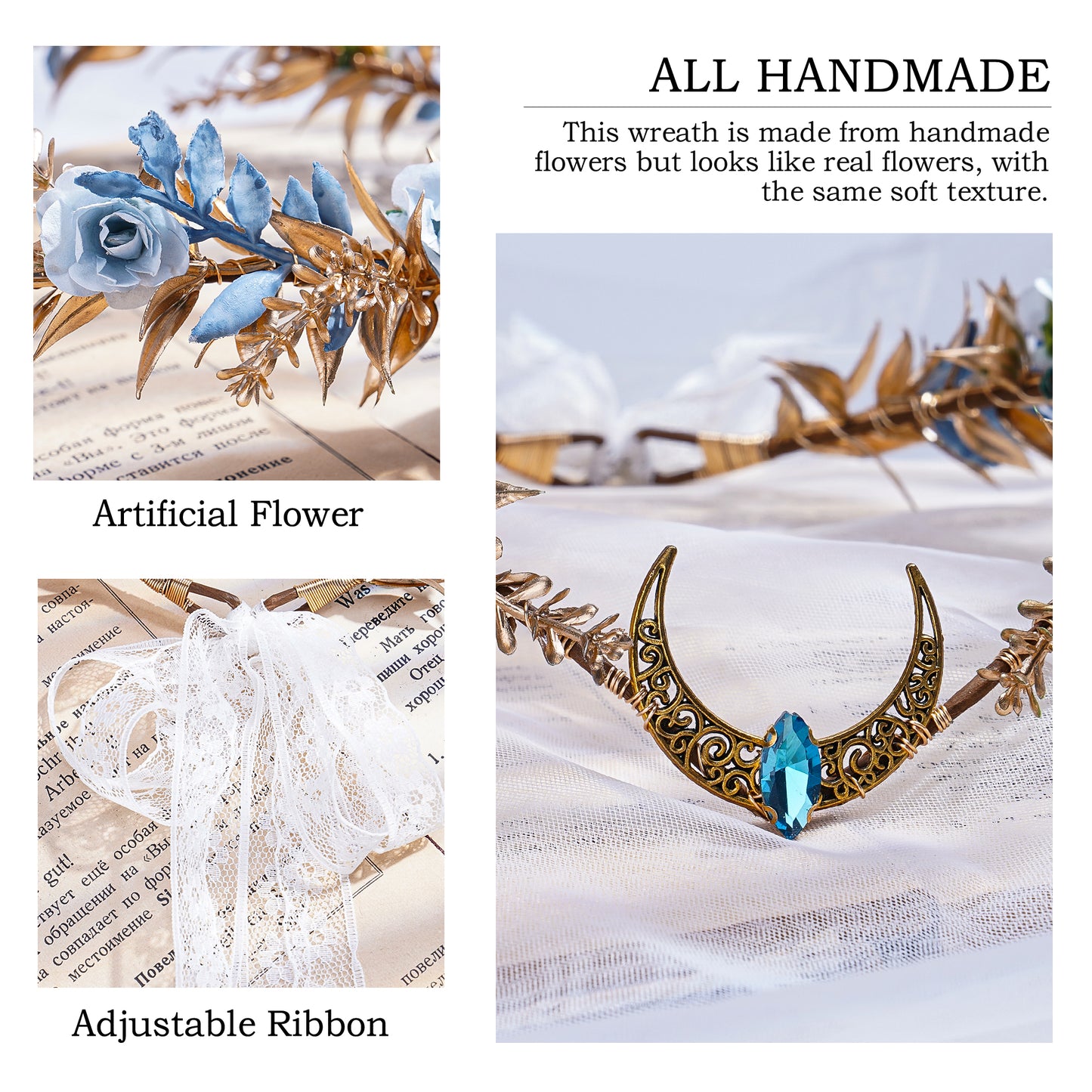 Handmade Gold Flower Moon Crown - Fairy Floral Headpiece