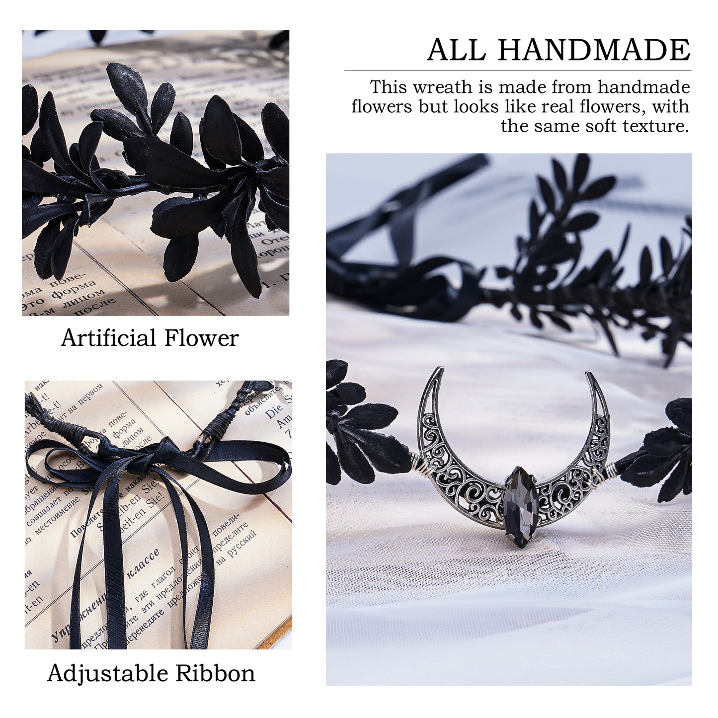 Handmade Black Moon Flower Crown - Gothic Elf Headpiece