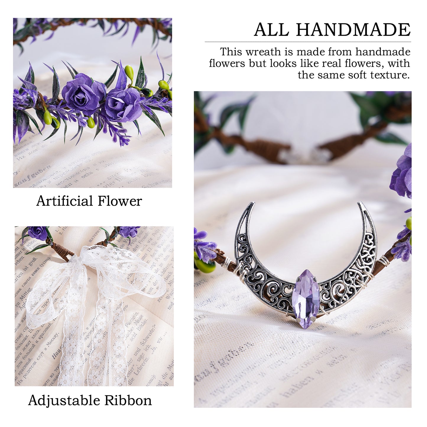 Purple Moon Flower Crown - Handmade Floral Fairy Headpiece Woodland Elven Circlet