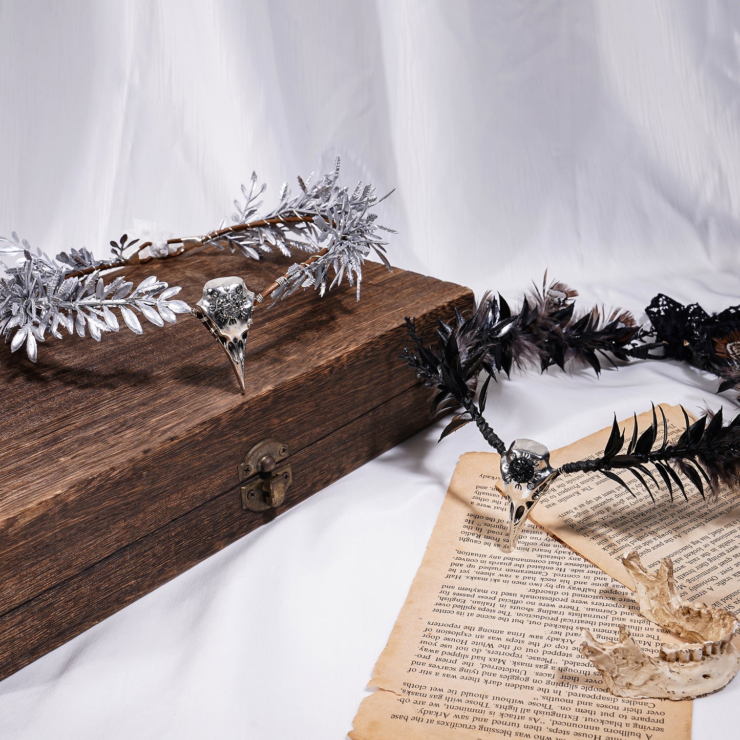 Handmade Raven Elf Crown - Gothic Feather Cirlet with Crow Skull