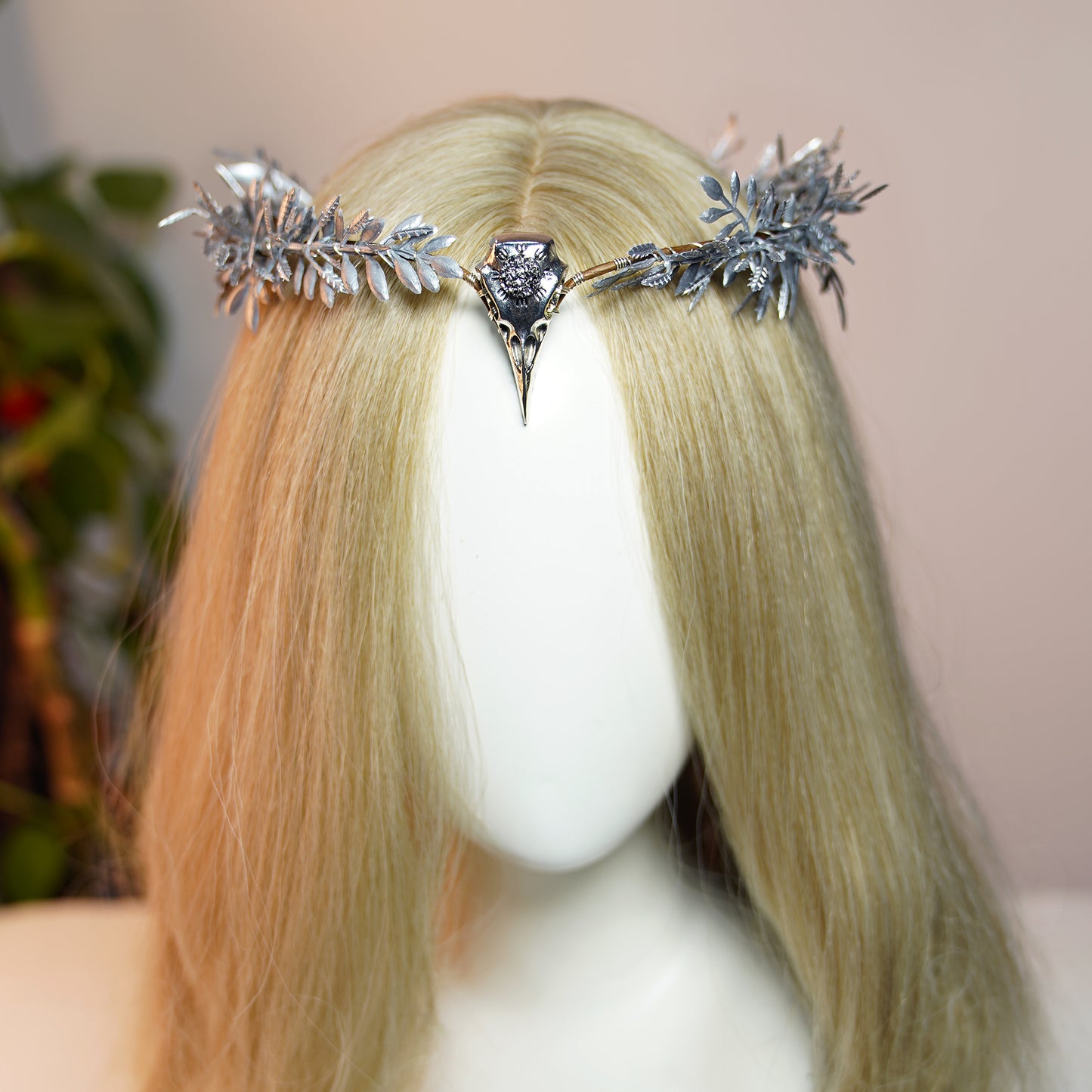 Handmade Silver Raven Flower Crown - Gothic Elf Tiara with Raven Skull