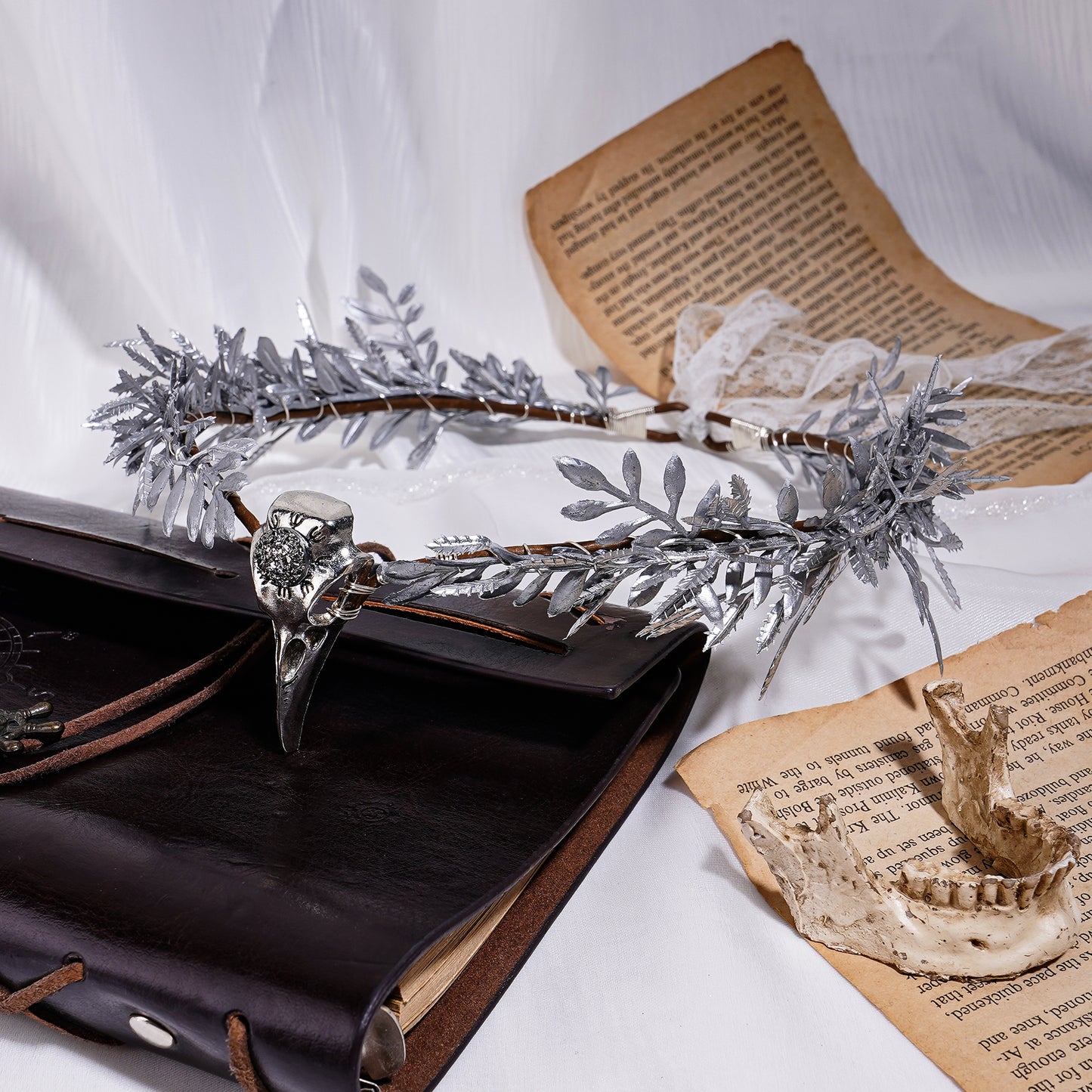 Handmade Silver Raven Flower Crown - Gothic Elf Tiara with Raven Skull