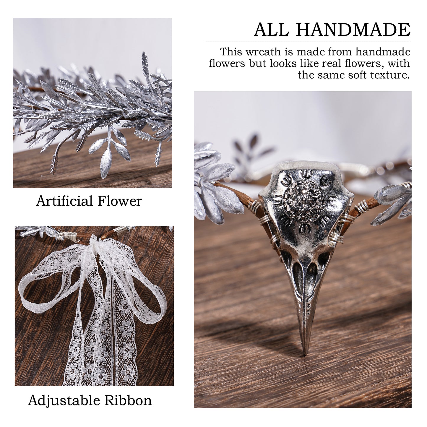 Handmade Silver Raven Flower Crown - Gothic Elf Tiara with Raven Skull