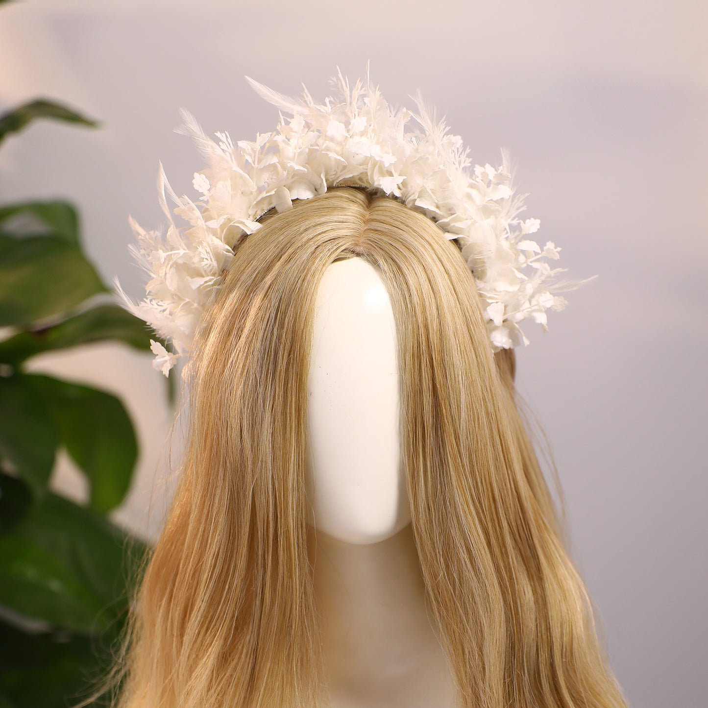 White Feather Crown - Flower Halo Headband Bohemian Hairband with Leaves Fairy Headpiece