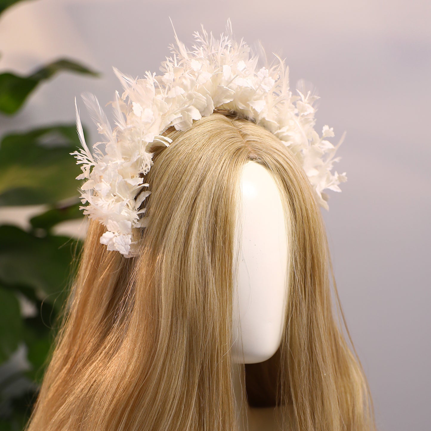 White Feather Crown - Flower Halo Headband Bohemian Hairband with Leaves Fairy Headpiece