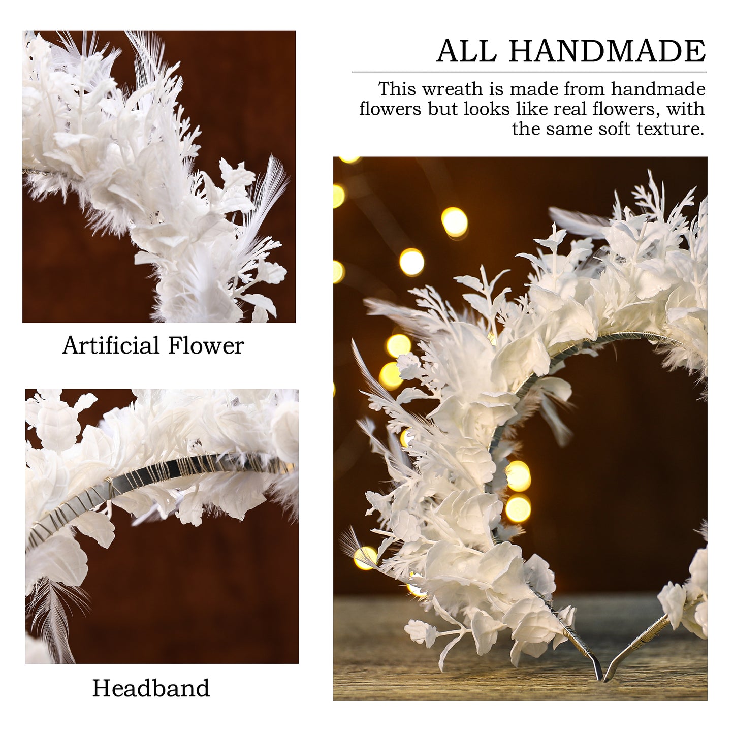 White Feather Crown - Flower Halo Headband Bohemian Hairband with Leaves Fairy Headpiece