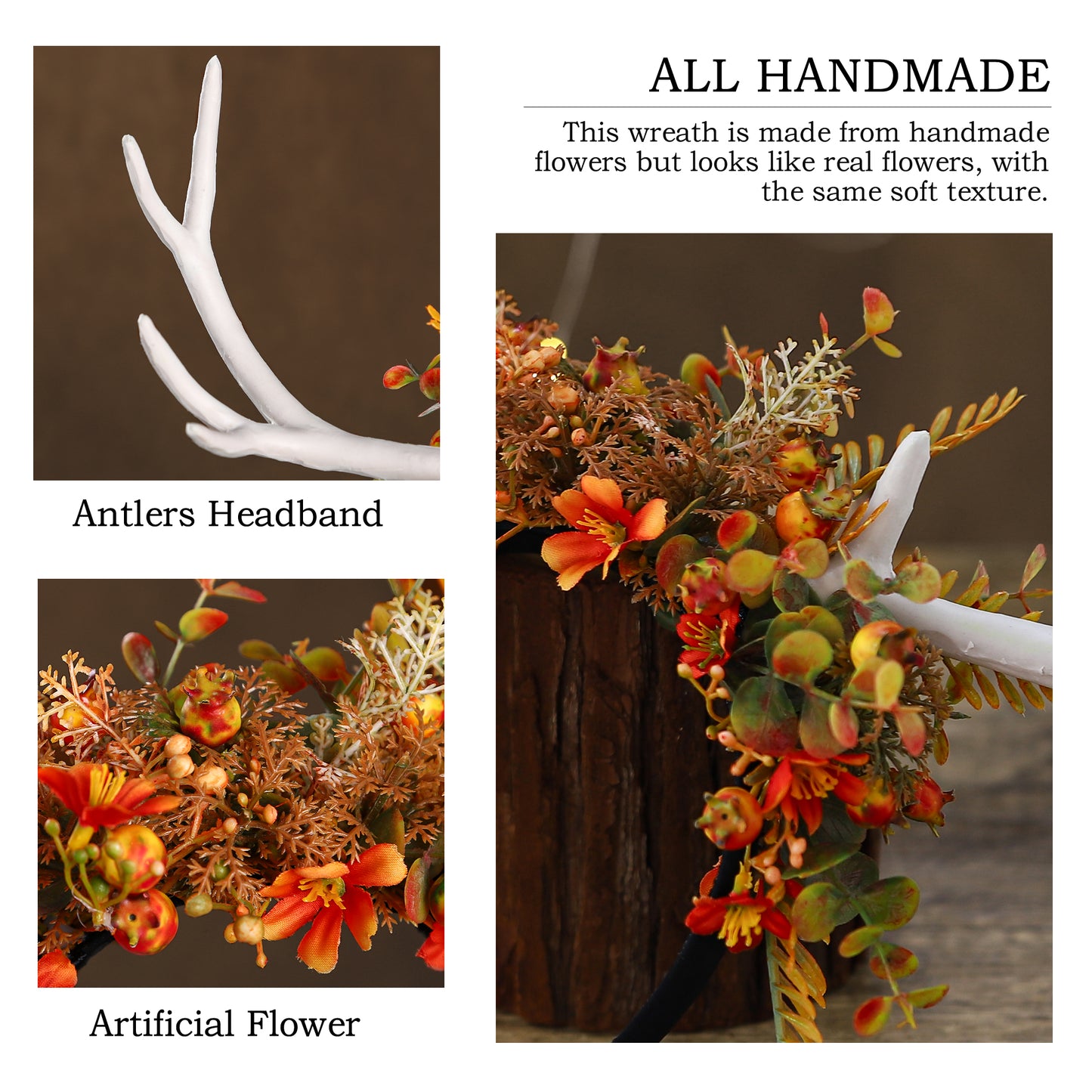 Handmade Orange Woodland Antler Headband - Reindeer Flower Headpiece