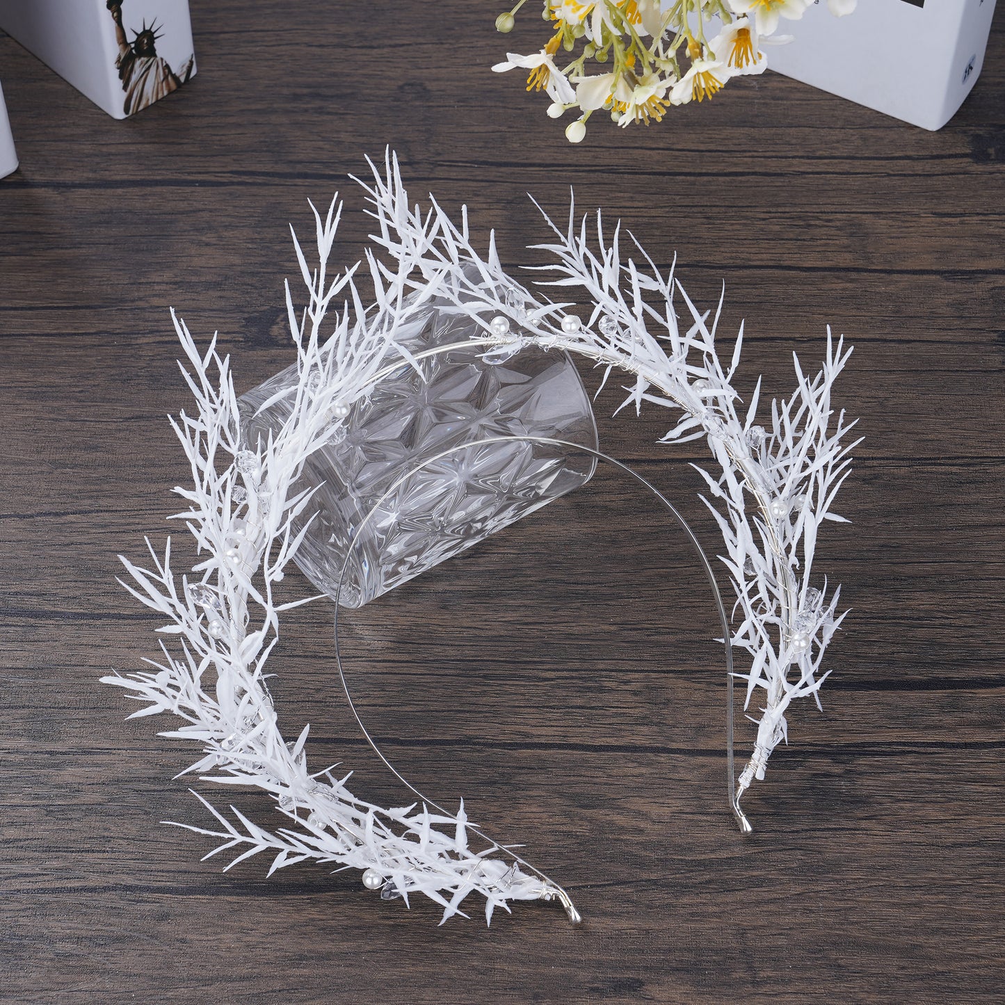 White Antler Headband: Green Leaves, Woodland Elf Crown, Renaissance Fae Ball