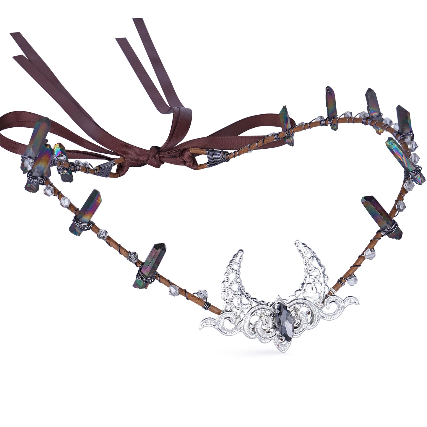 Silver Moon Tiara Headband: Black Crystal Crown
