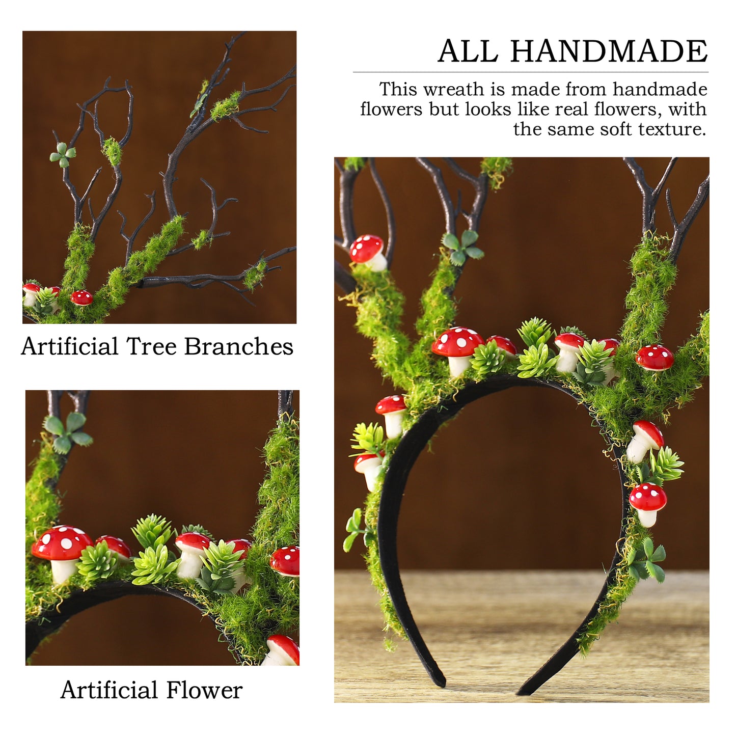 Green Mushroom Branch Headband - Handmade Woodland Hairband Flower Forest Crown