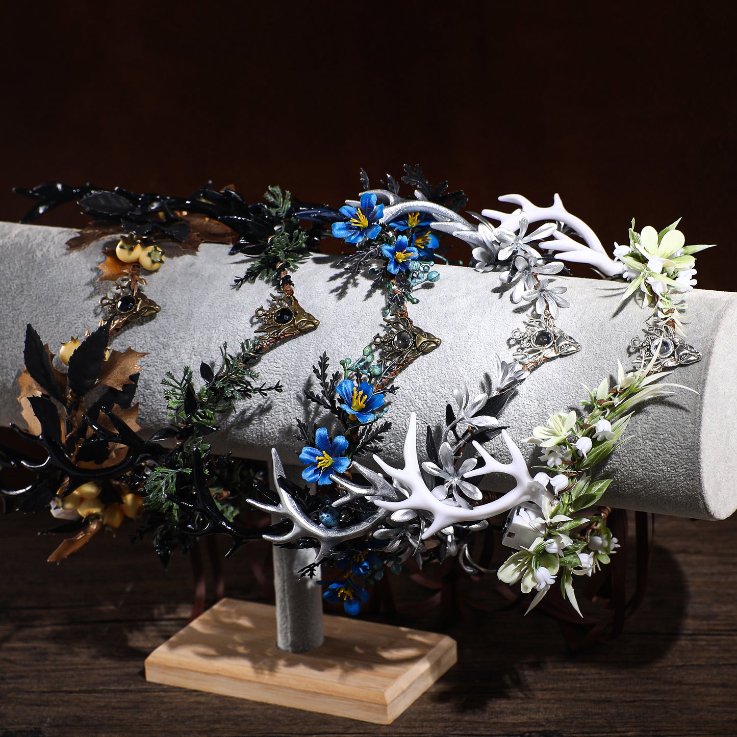 Green Woodland Antler Crown - Handmade Floral Fairy Headpiece Forest Elf Tiara