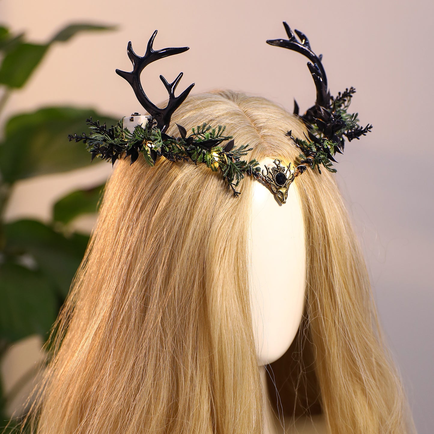 Light up Elf Crown - Black Antler Headpiece Gothic Flower Circlet