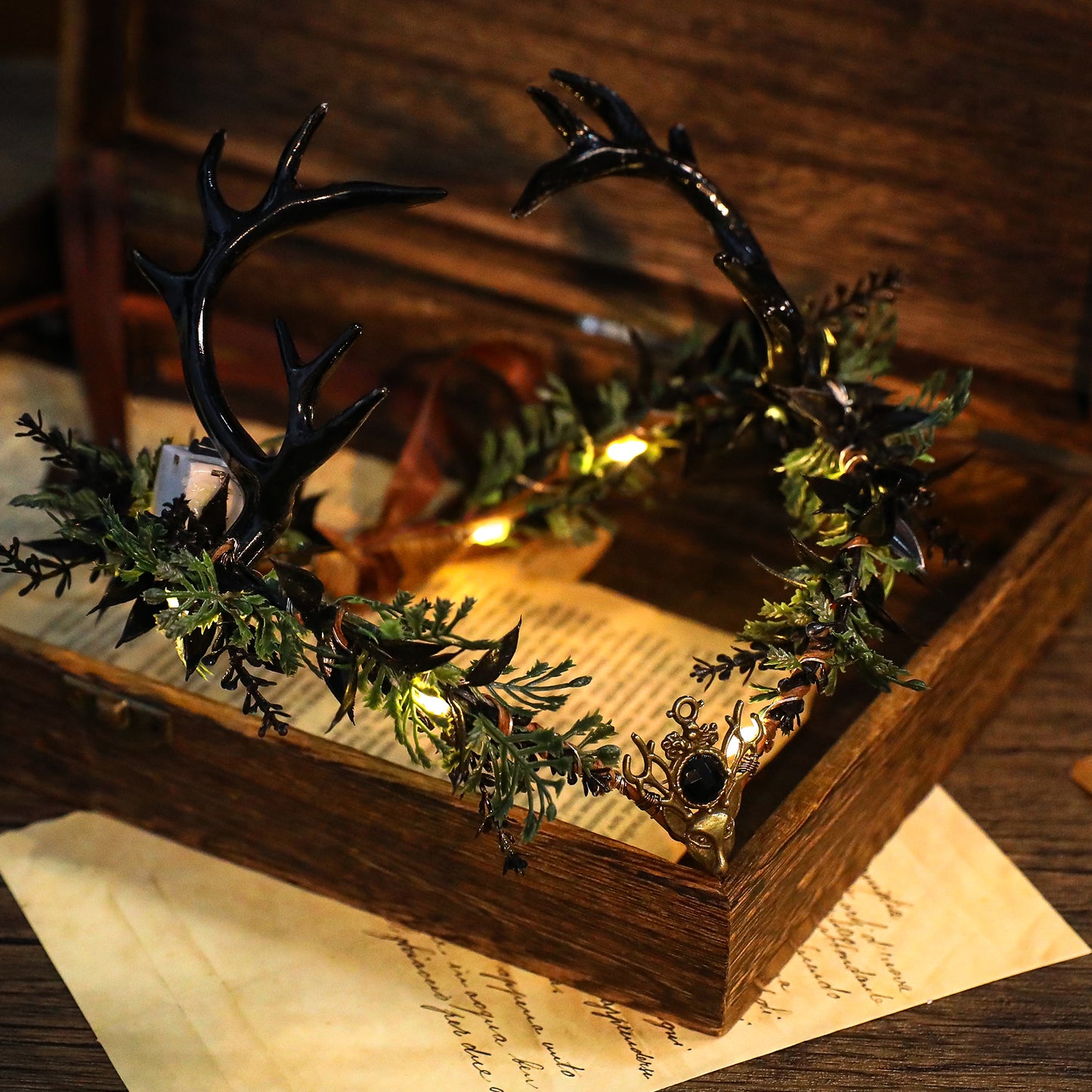 Light up Elf Crown - Black Antler Headpiece Gothic Flower Circlet