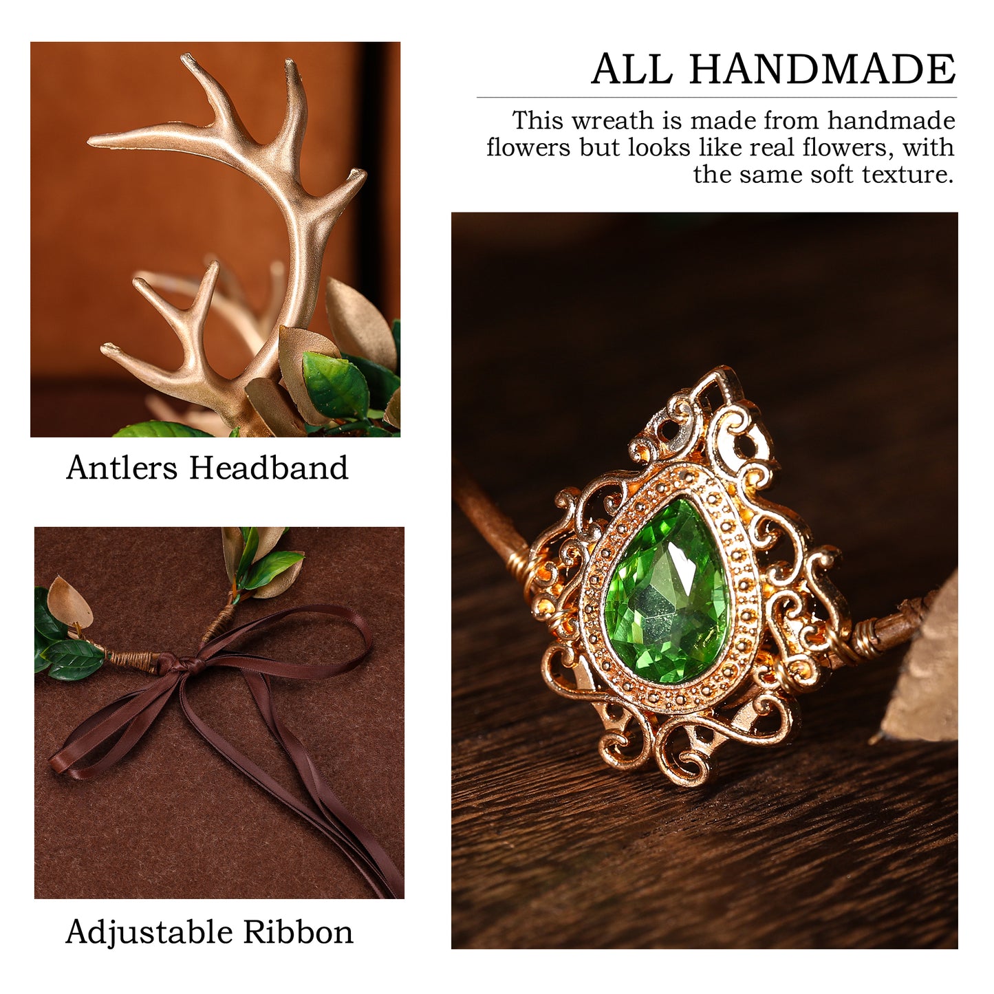 Antler Fairy Crown Gold: Green Leaf Headpiece