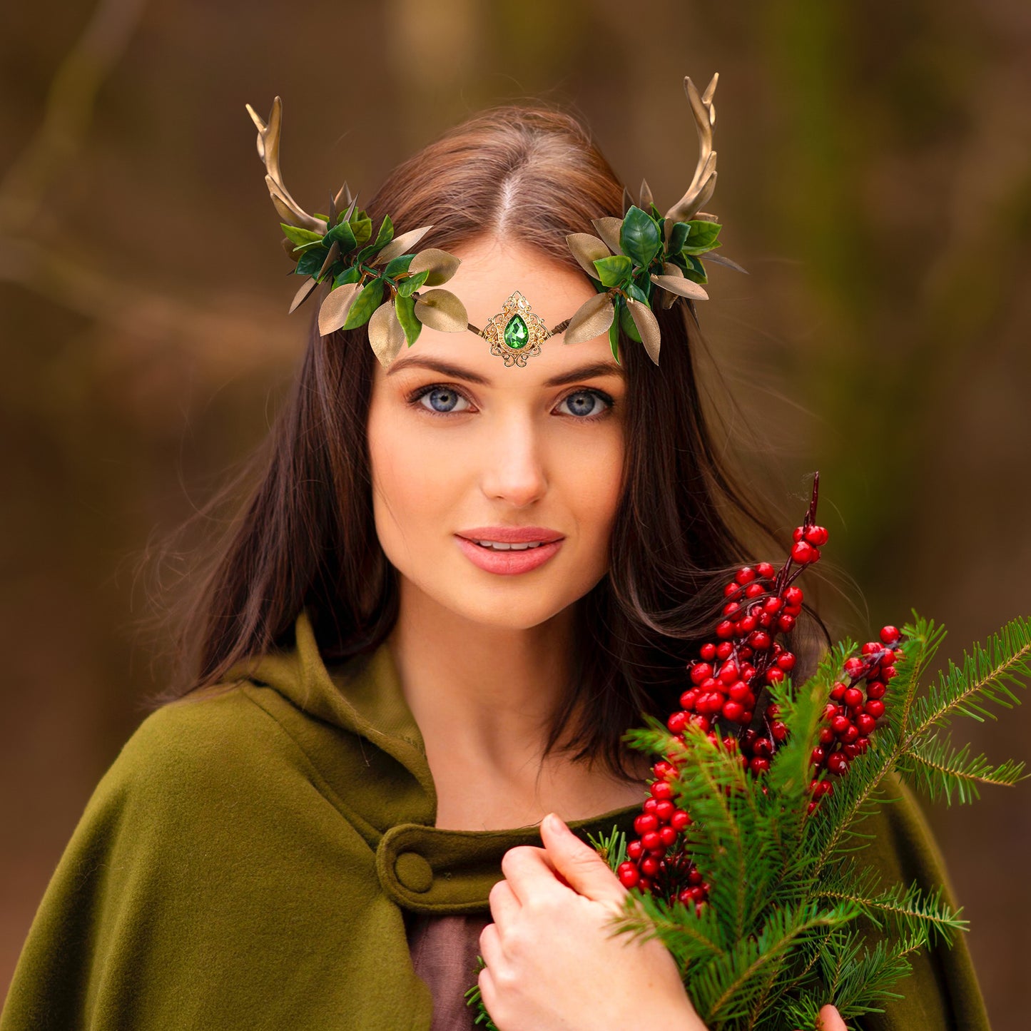 Antler Fairy Crown Gold: Green Leaf Headpiece