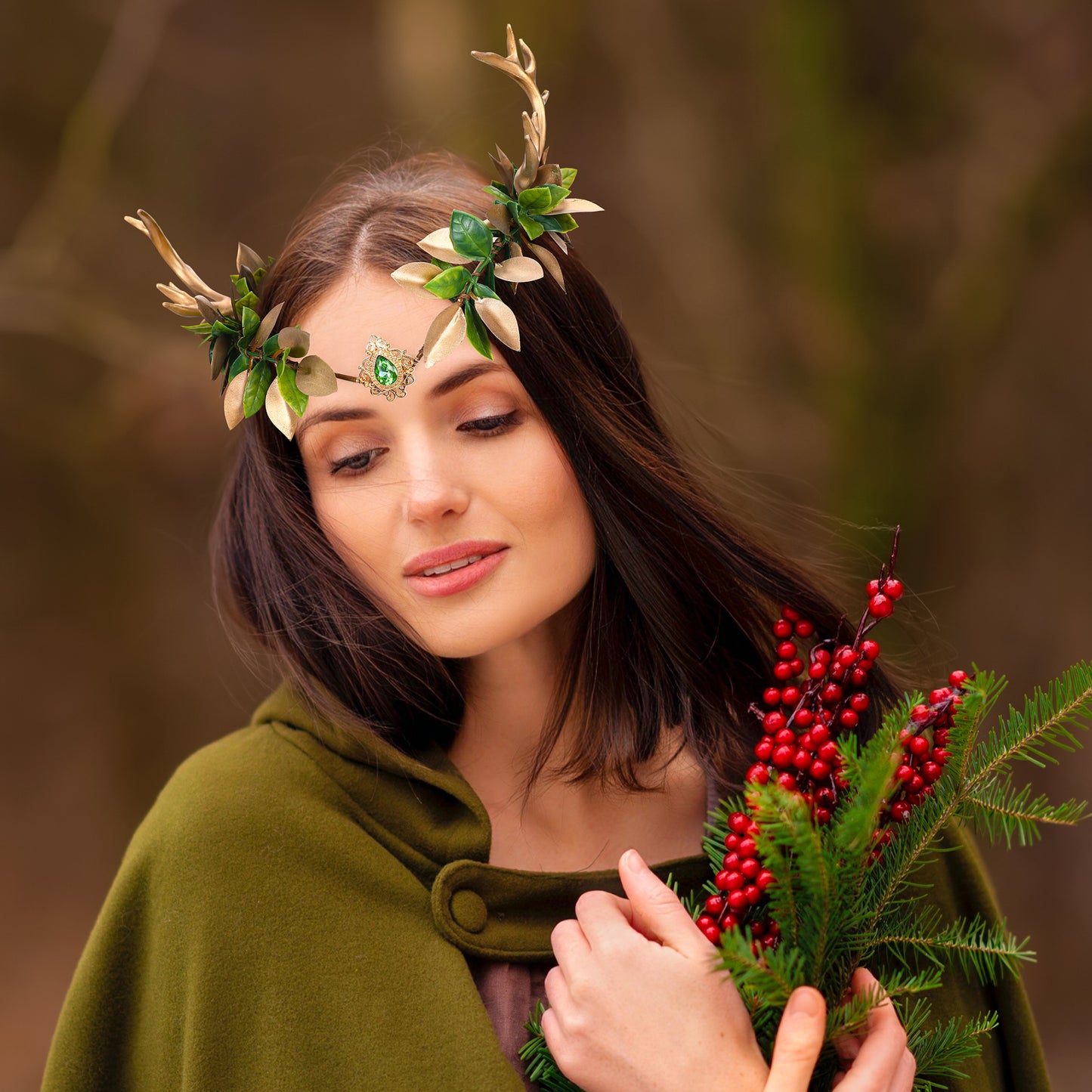 Antler Fairy Crown Gold: Green Leaf Headpiece