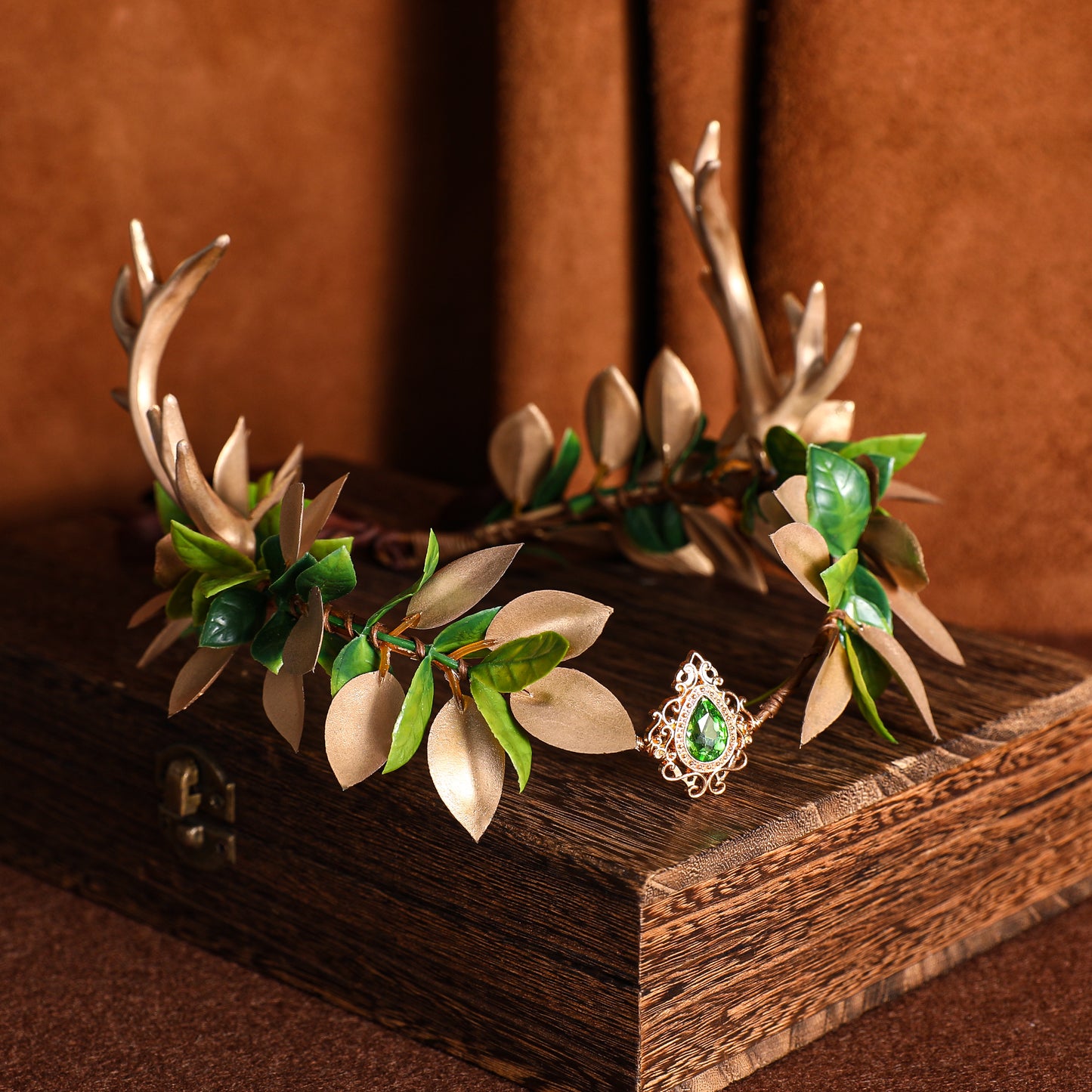 Antler Fairy Crown Gold: Green Leaf Headpiece