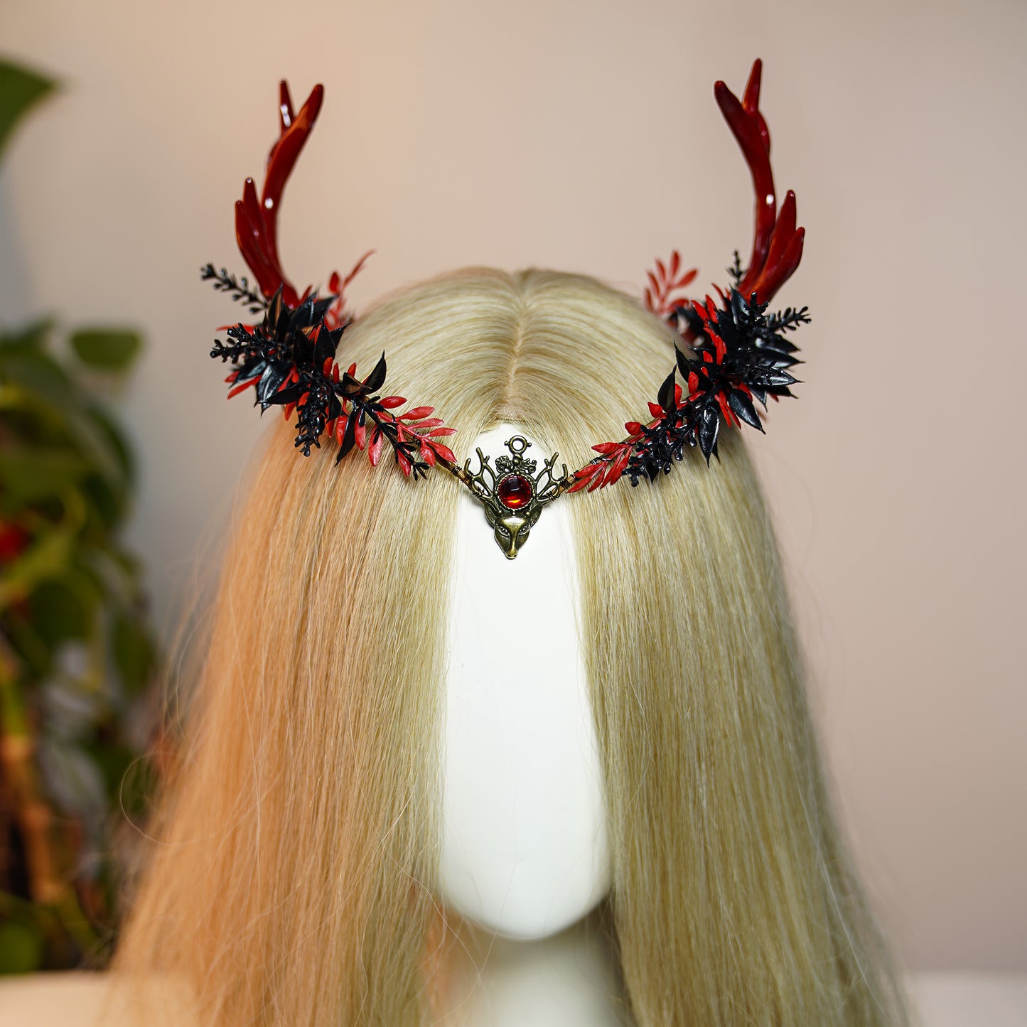 Handmade Antler Crown - Black Gothic Headband Red Fairy Heapiece