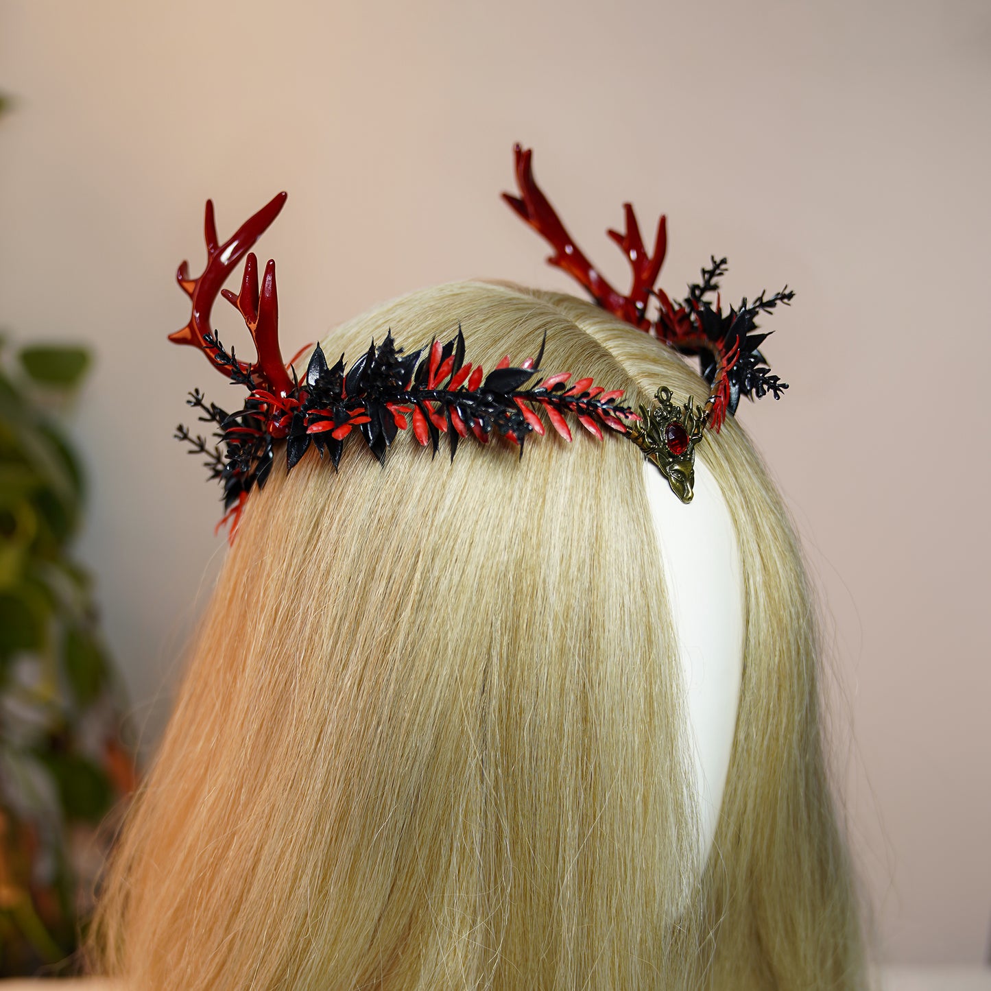 Handmade Antler Crown - Black Gothic Headband Red Fairy Heapiece