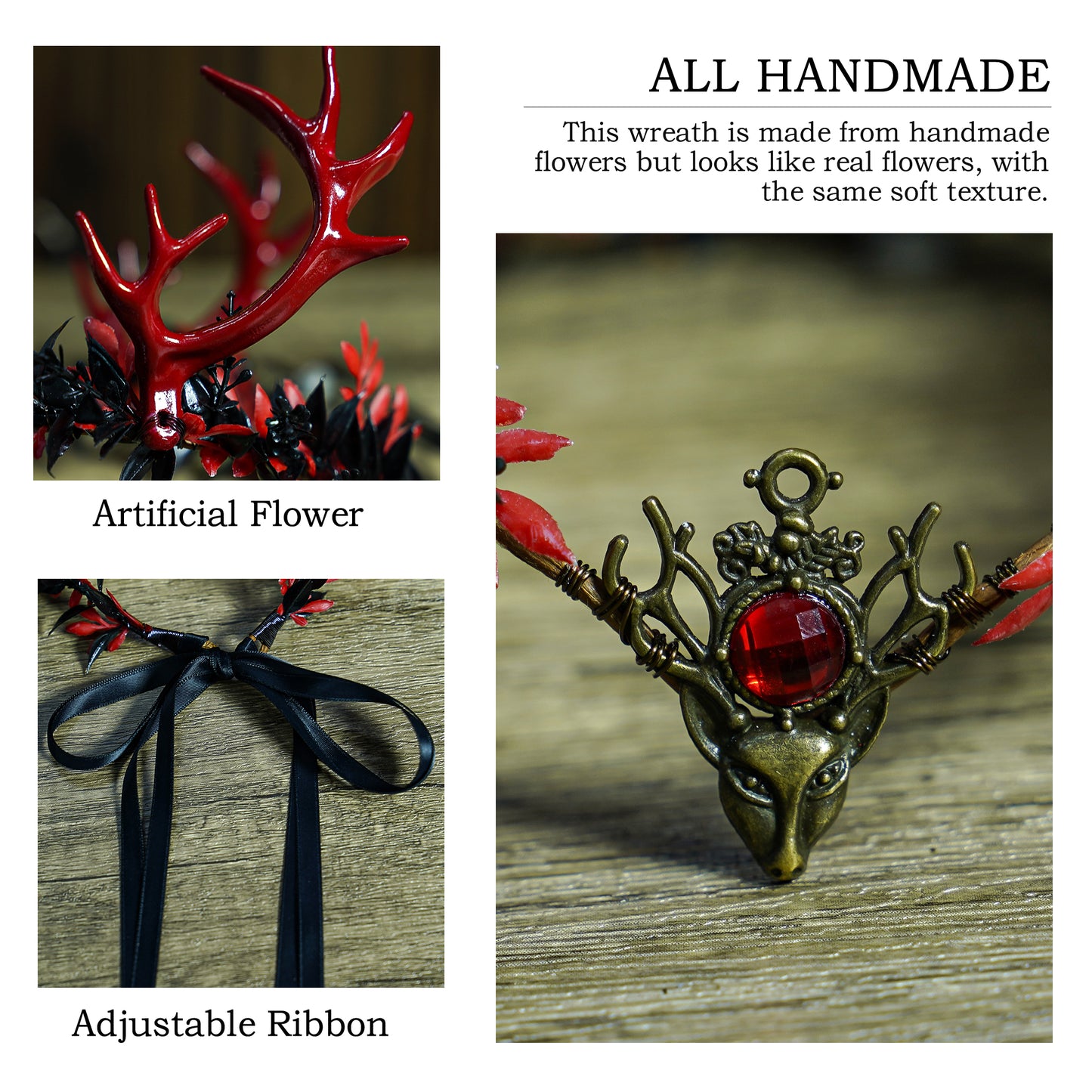 Handmade Antler Crown - Black Gothic Headband Red Fairy Heapiece