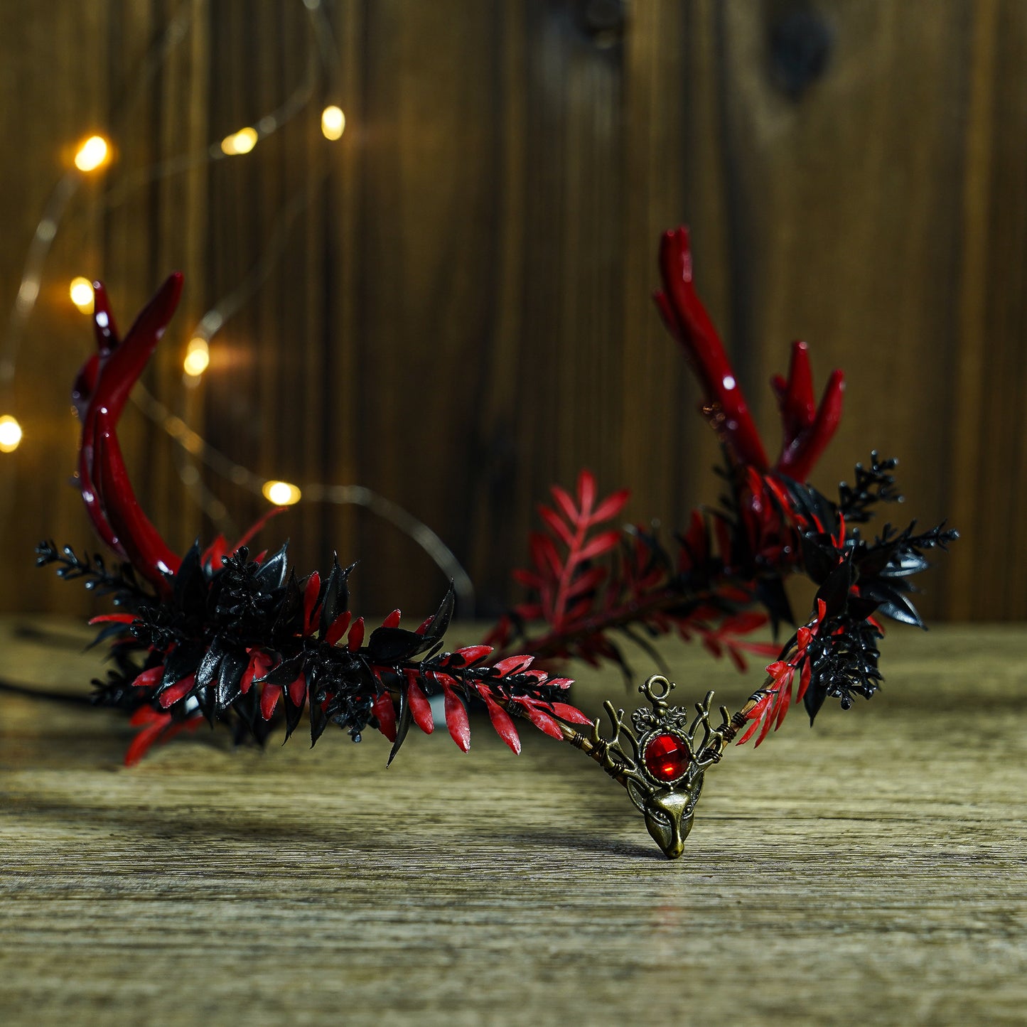 Handmade Antler Crown - Black Gothic Headband Red Fairy Heapiece