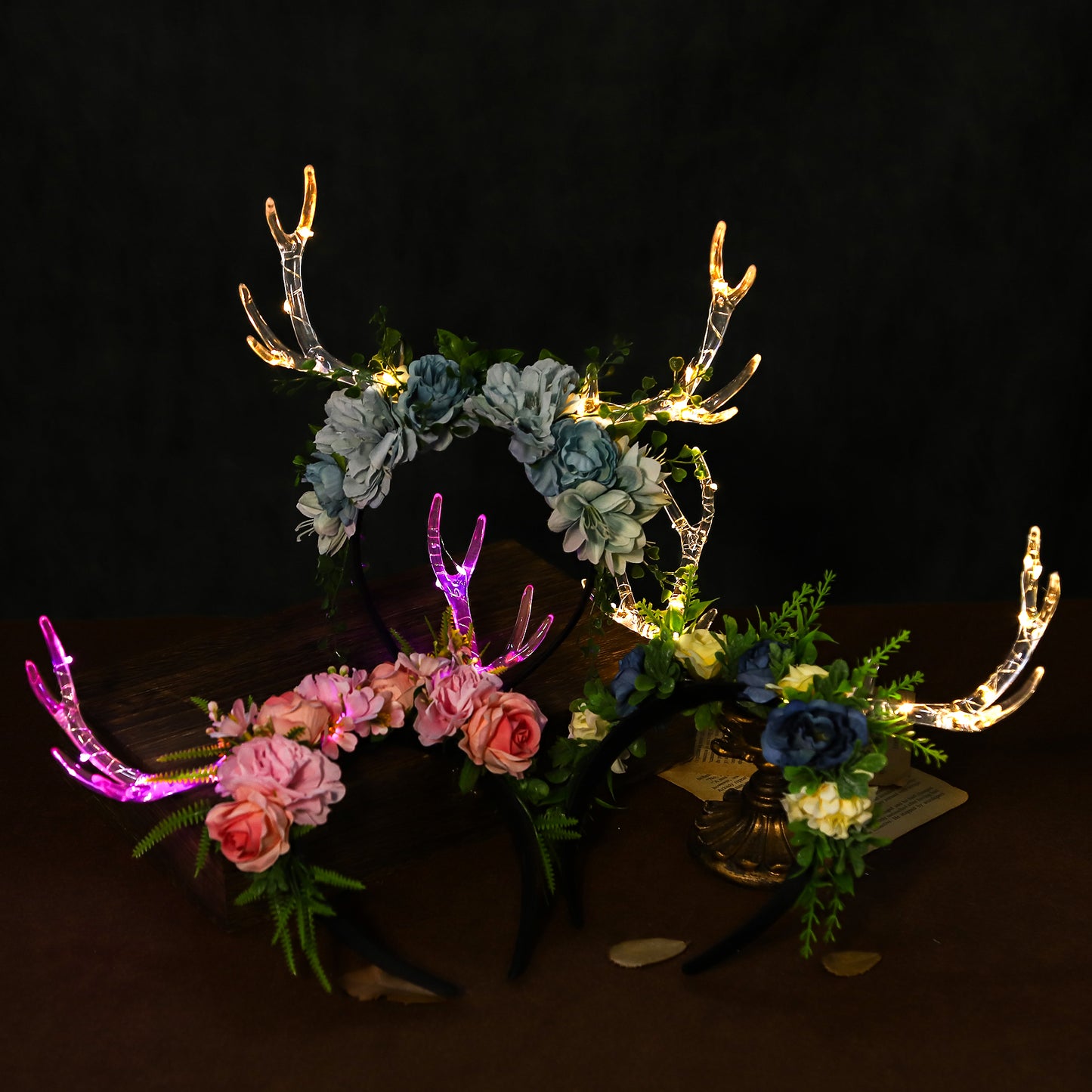 Handmade Light up Blue Flower Antler Headband - LED Reindeer Hairdband