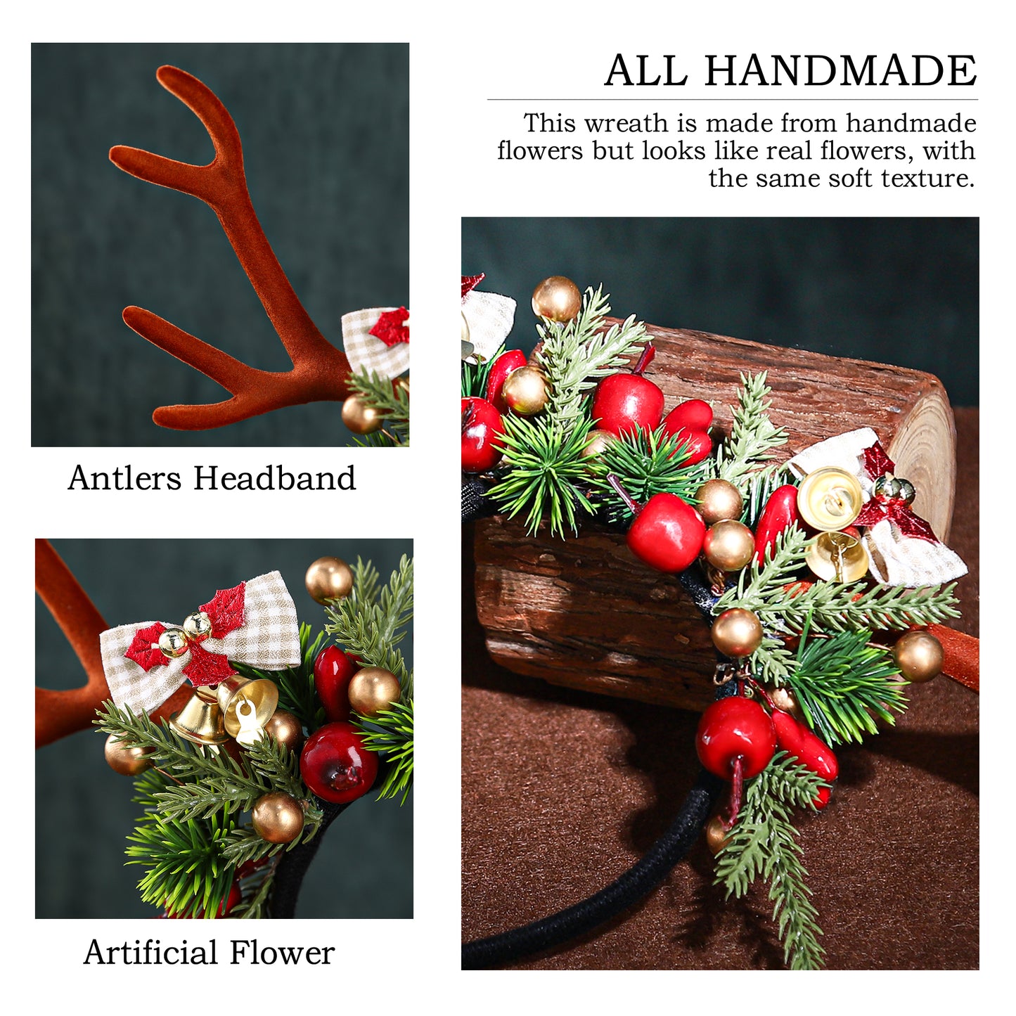 Handmade Christmas Flower Antler Headband - Brown Woodland Reindeer Headband