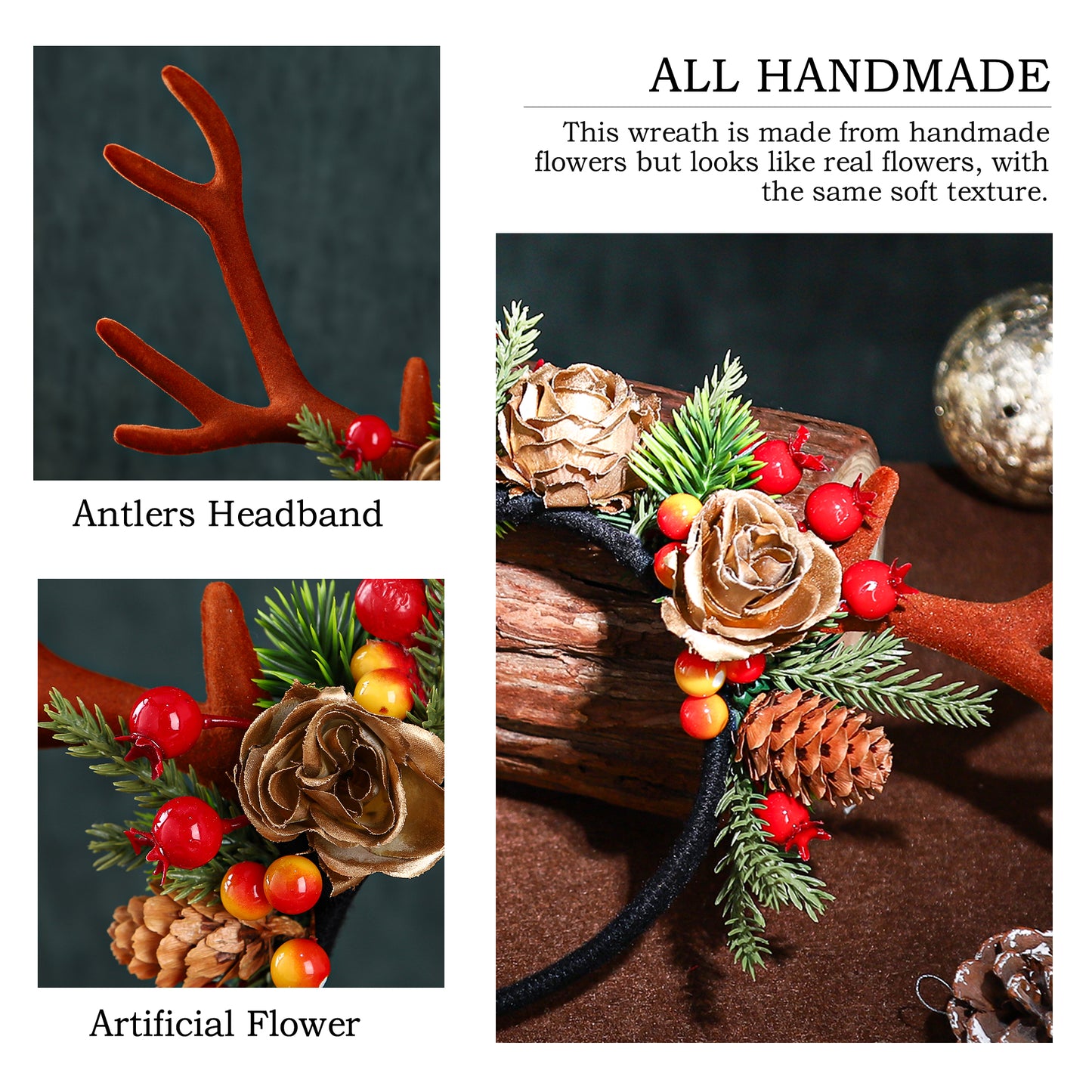 Handmade Christams Antler Headband - Brown Reindeer Hairband