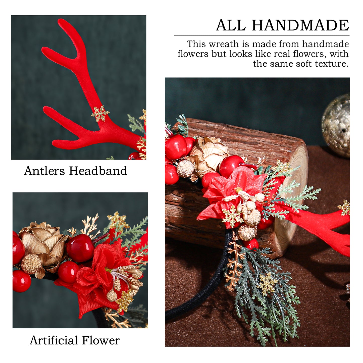 Handmade Red Antler Christmas Headband - Woodland Flower Crown