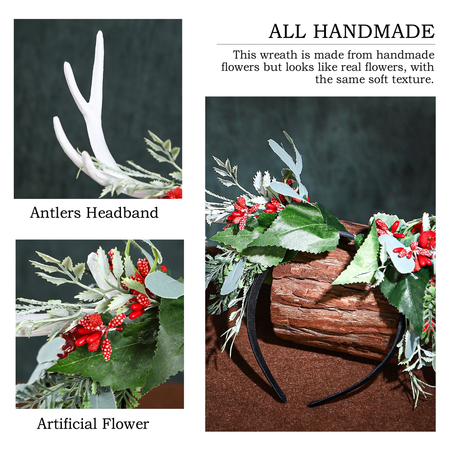 Handmade Christmas Flower Antler Headband - Woodland White Reindeer Hairband