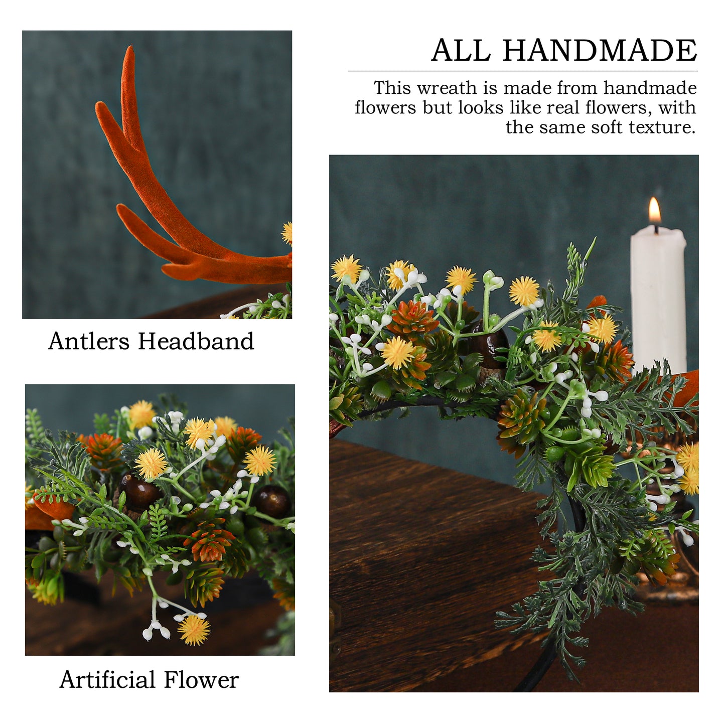 Handmade Flower Brown Antler Headband - Woodland Deer Horns Hairband