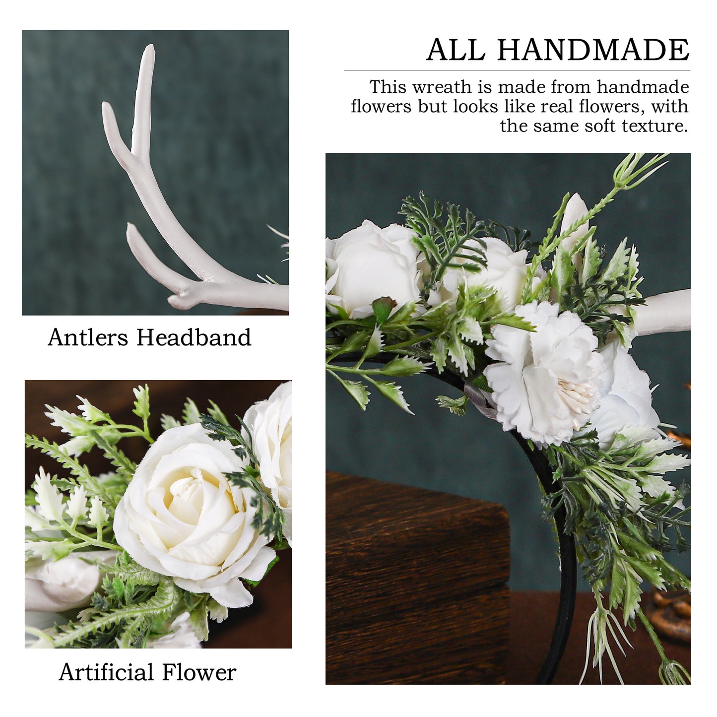 Handmade White Flower Antler Headpiece - Woodland Reindeer Headband