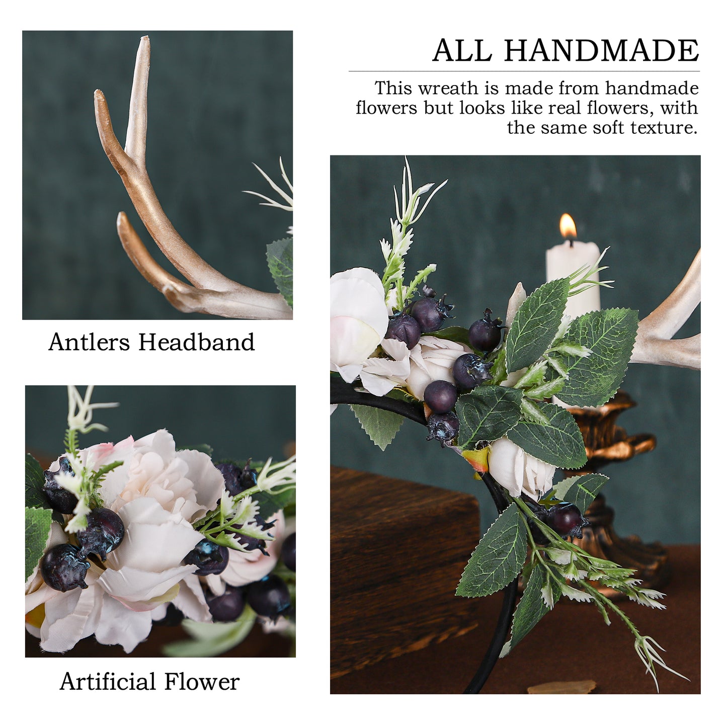 Handmade Deer Horns Headband - Flower Antler Hairband Woodland Reindeer