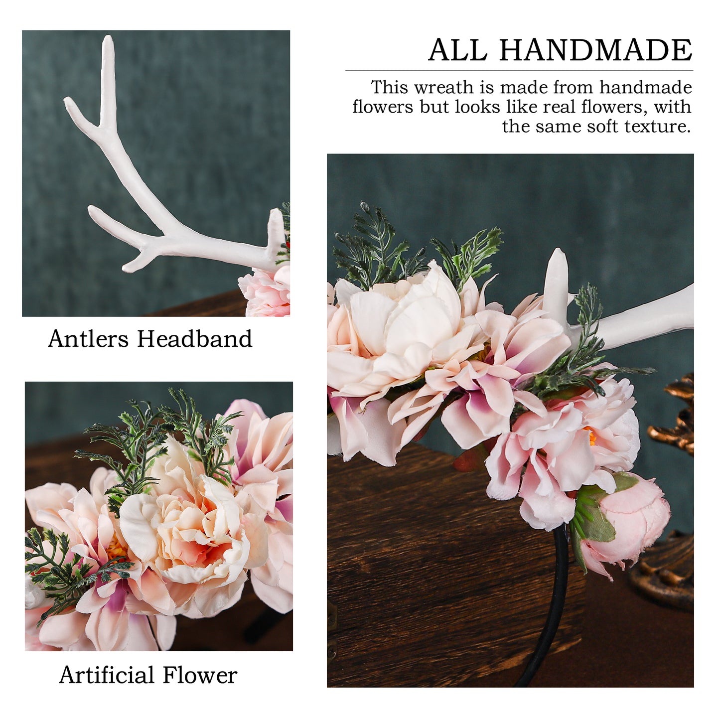Handmade Pink Flower Antler Headband - Fairy Woodland Reindeer Headpiece