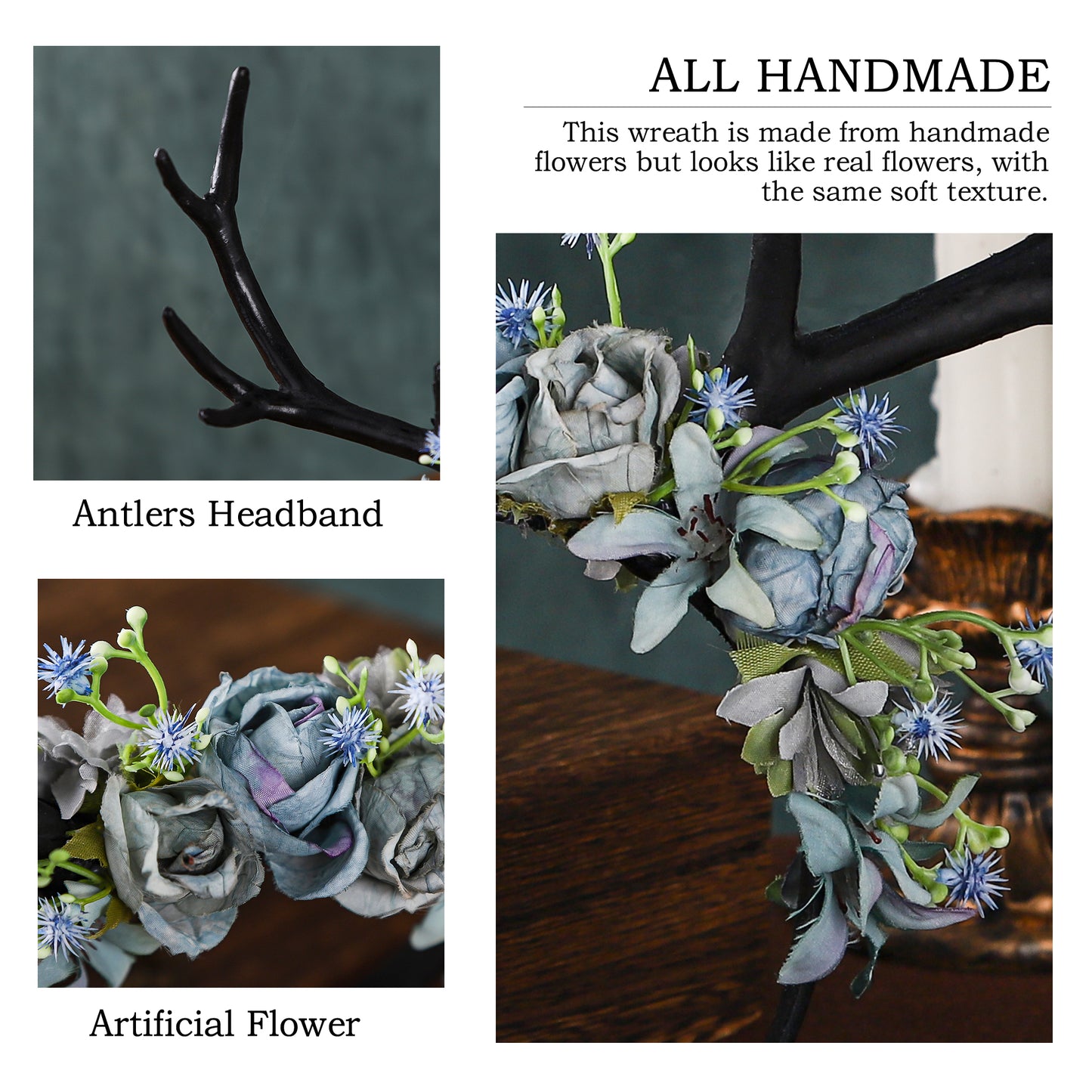 Handmade Black Flower Antler Headband - Woodland Floral Reindeer Headpiece