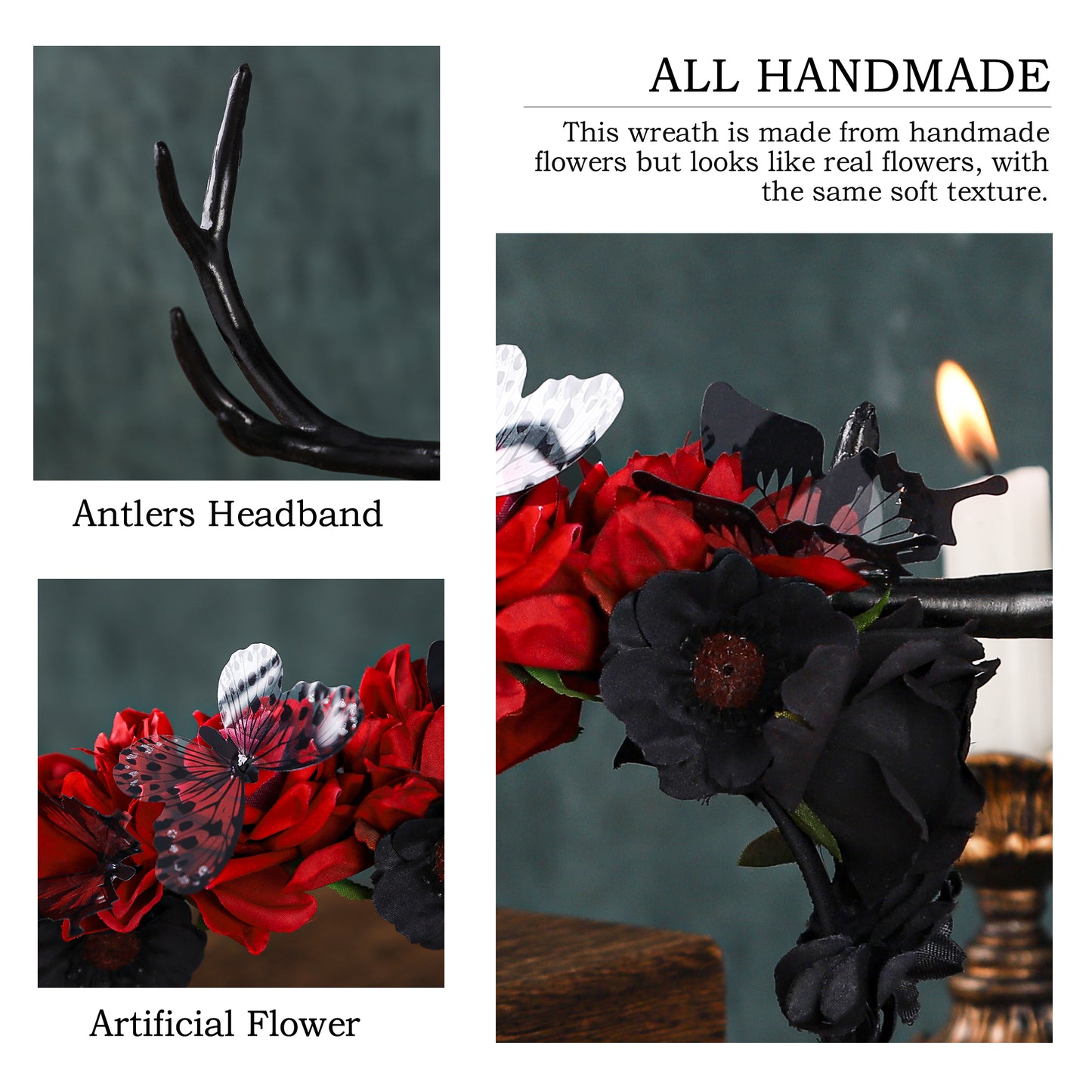 Handmade Black Antler Headband - Gothic Reindeer Headpiece Flower Dark Horns