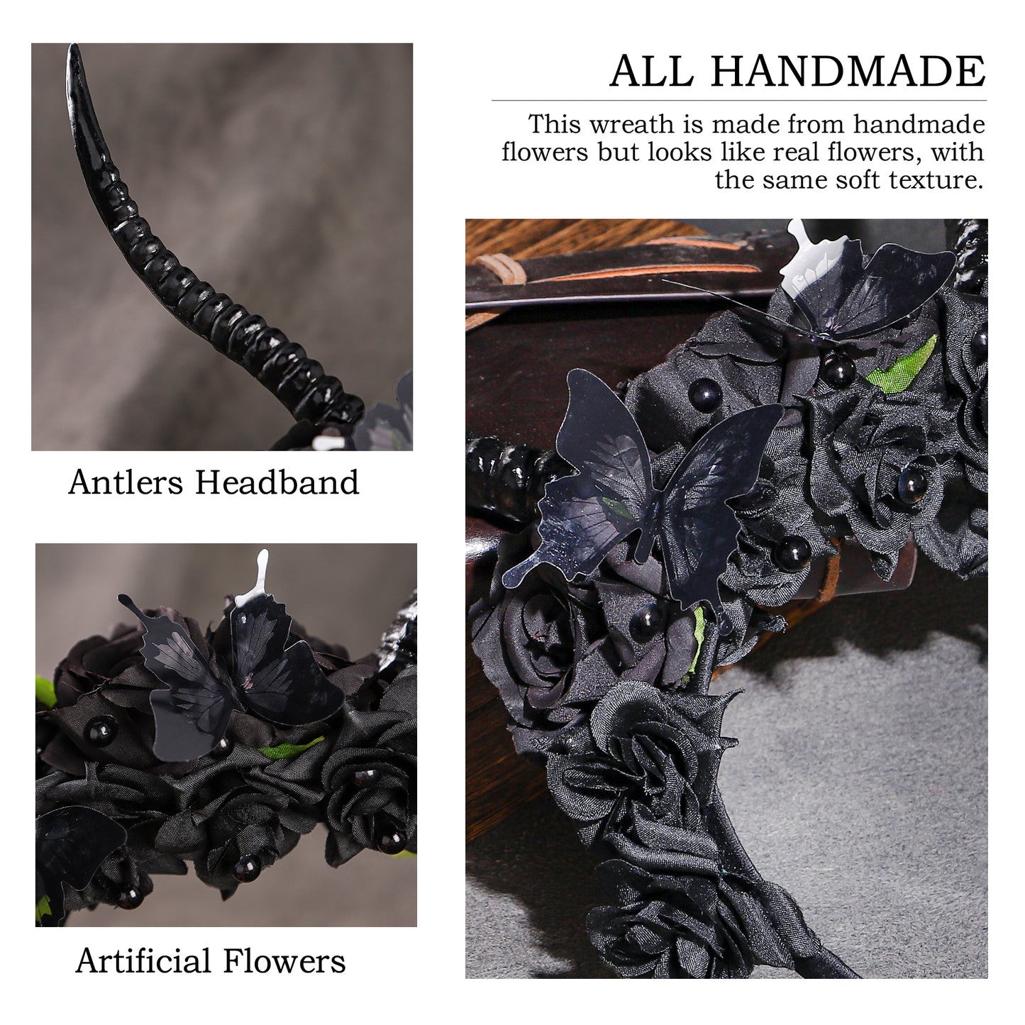 Handmade Black Halloween Horns Headband - Gothic Devil Goat Horn Hairband