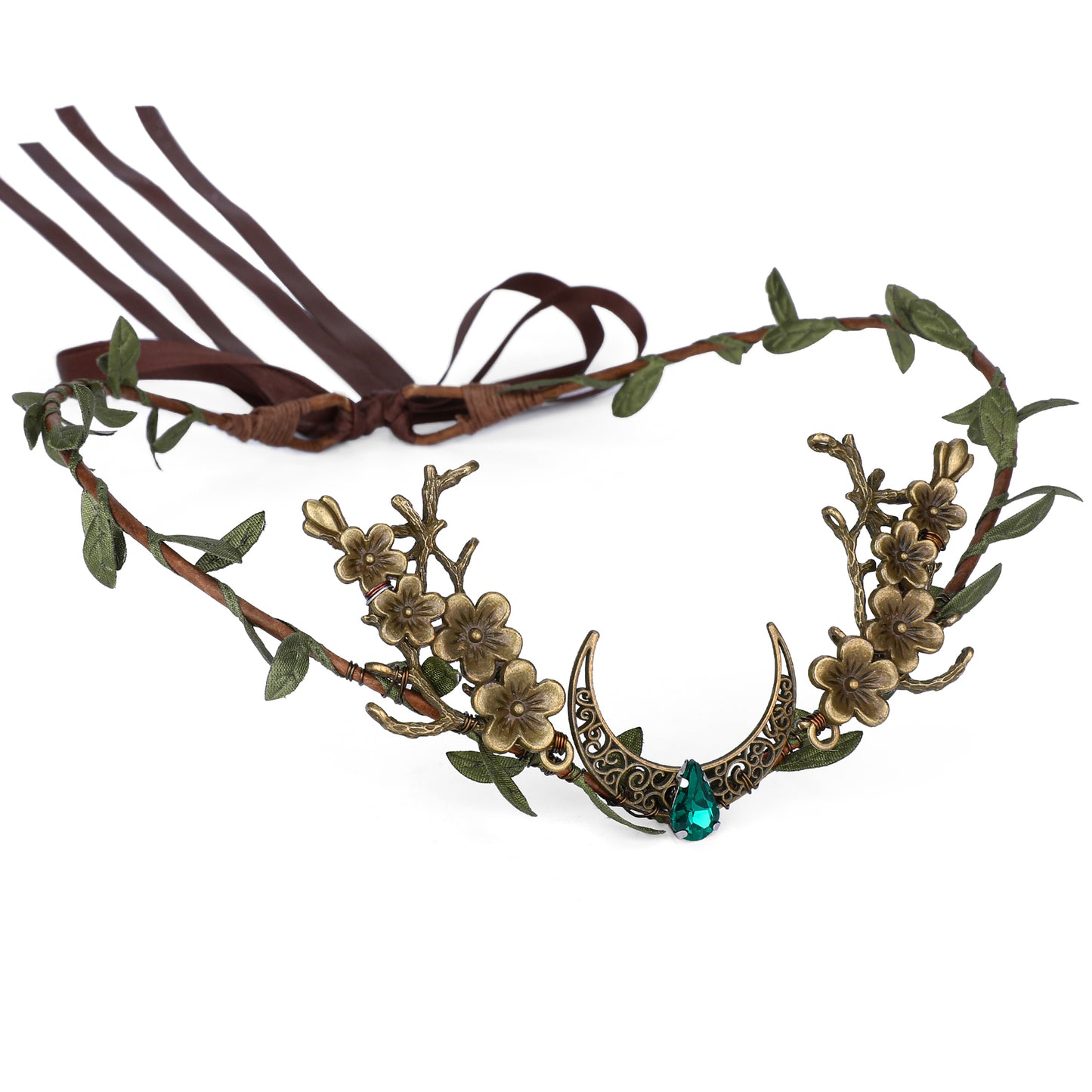 Woodland Elf Crown Headpiece: Moon Circlet Tiara, Peach Flower Fairy