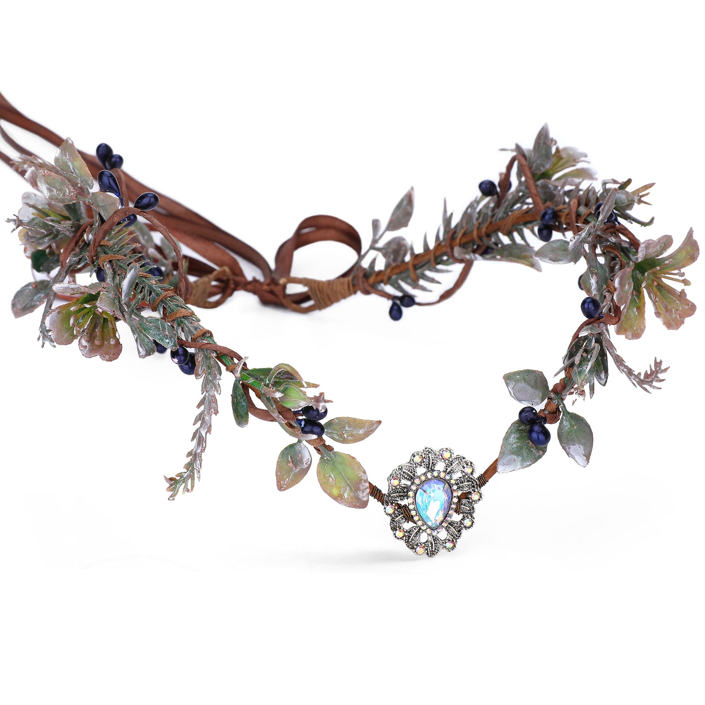 Woodland Elf Crystal Headpiece: Cypress Leaves Crown, Dark Vine Branches