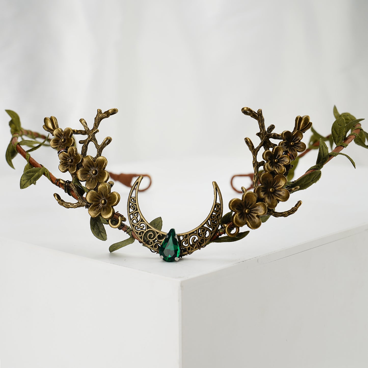 Woodland Elf Crown Headpiece: Moon Circlet Tiara, Peach Flower Fairy