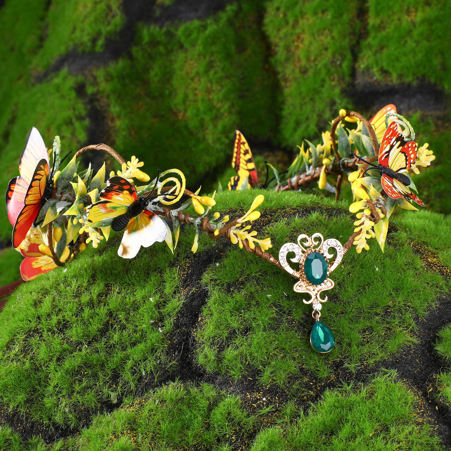 Elf Headpiece with Butterflies Fairy Green Rhinestone Crown