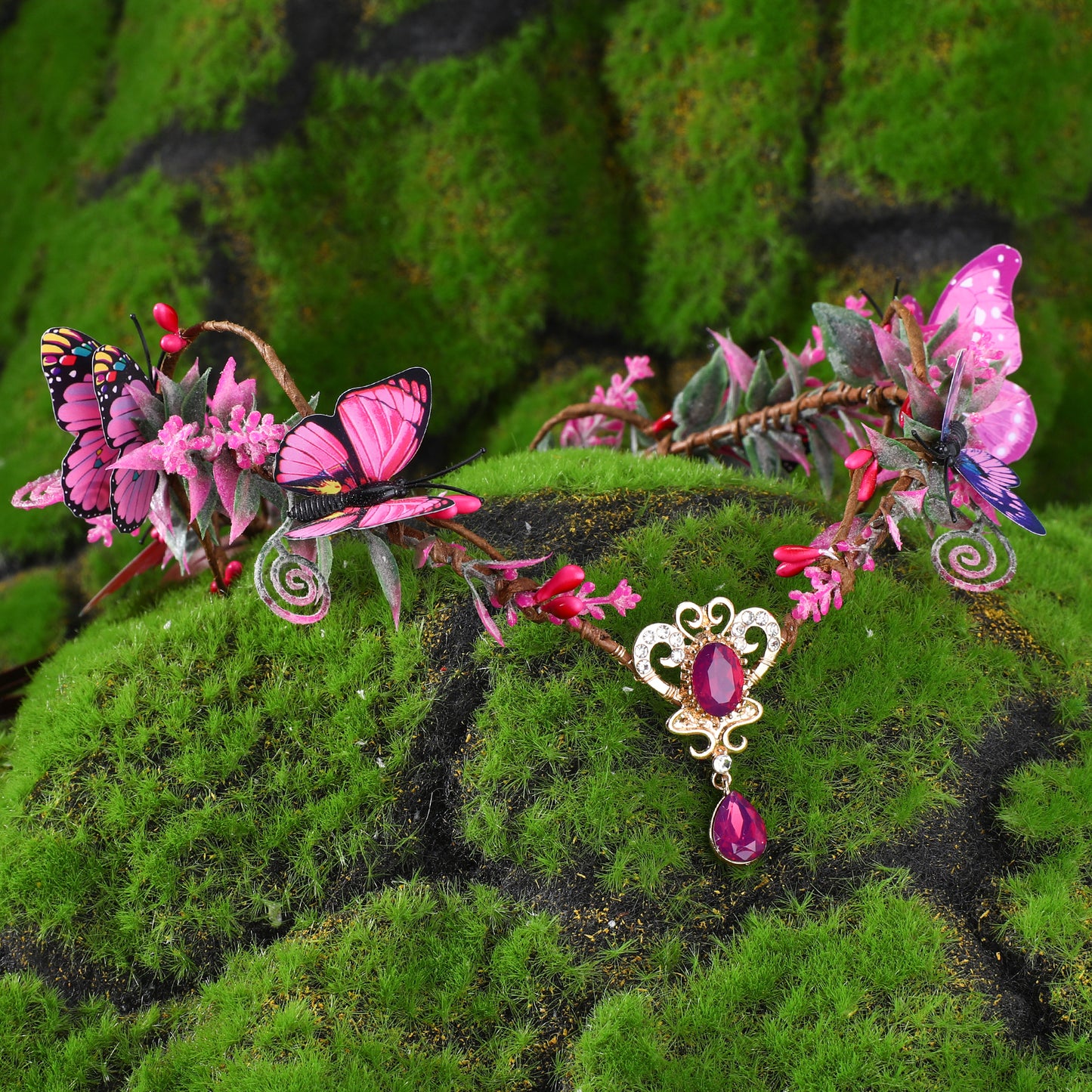 Fairy Queen Crown: Pink Wings, Elf Headpiece, Woodland Butterfly