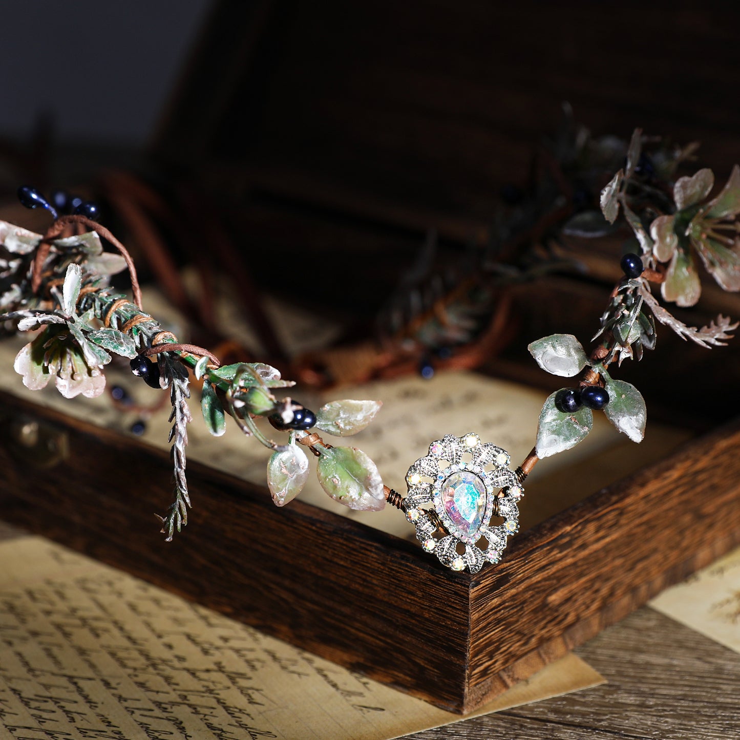 Woodland Elf Crystal Headpiece: Cypress Leaves Crown, Dark Vine Branches
