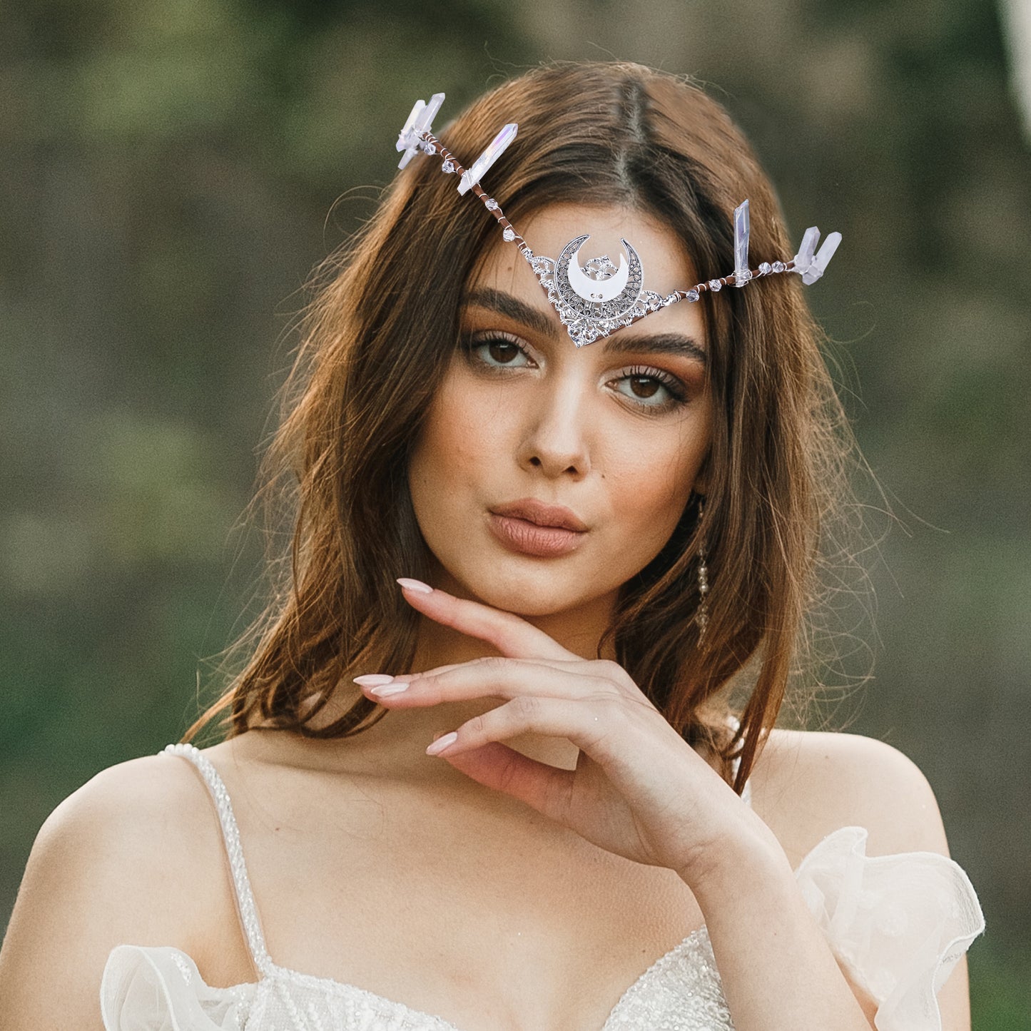 White Moon Tiara Headband: Silver Crystal Crown