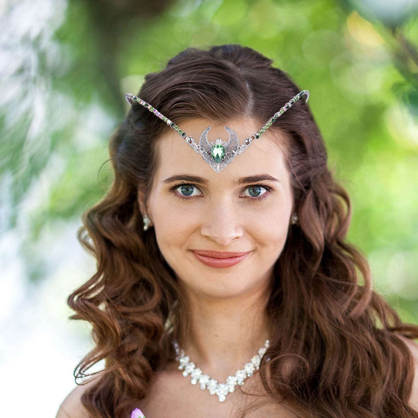 Handmade Silver Moon Tiara Crown: Green Rhinestone Princess Headband