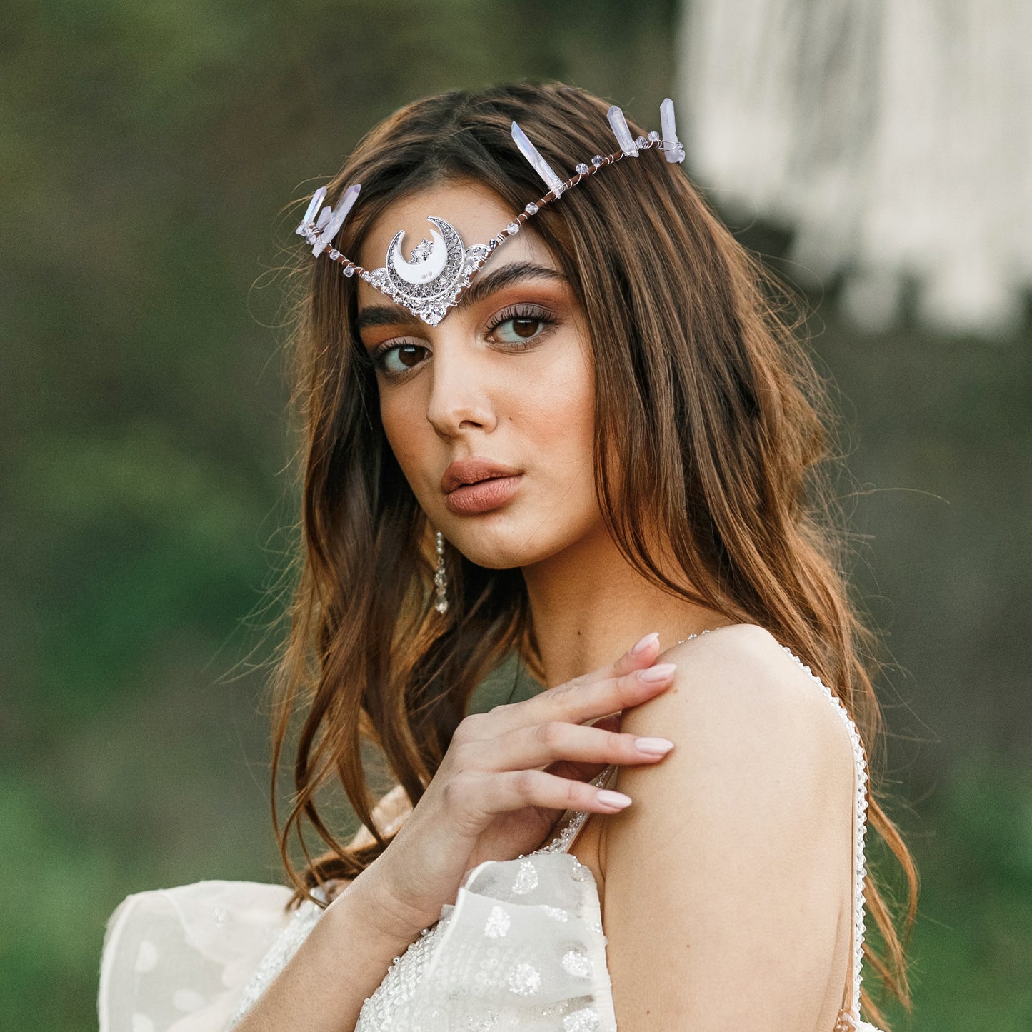 White Moon Tiara Headband: Silver Crystal Crown