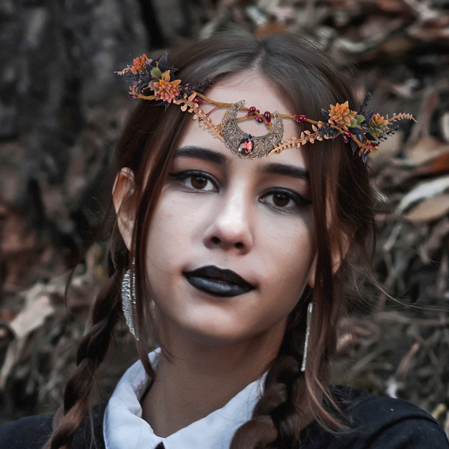 Moon Flower Crown Headpiece: Burgundy Floral Elf Circlet