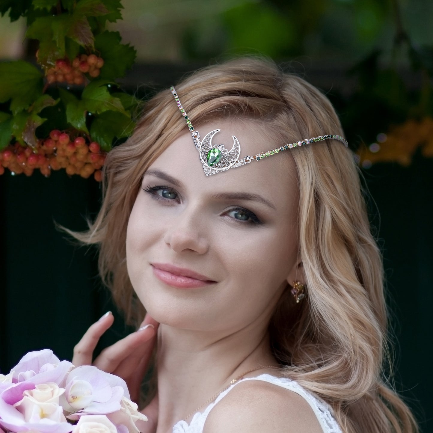 Handmade Silver Moon Tiara Crown: Green Rhinestone Princess Headband