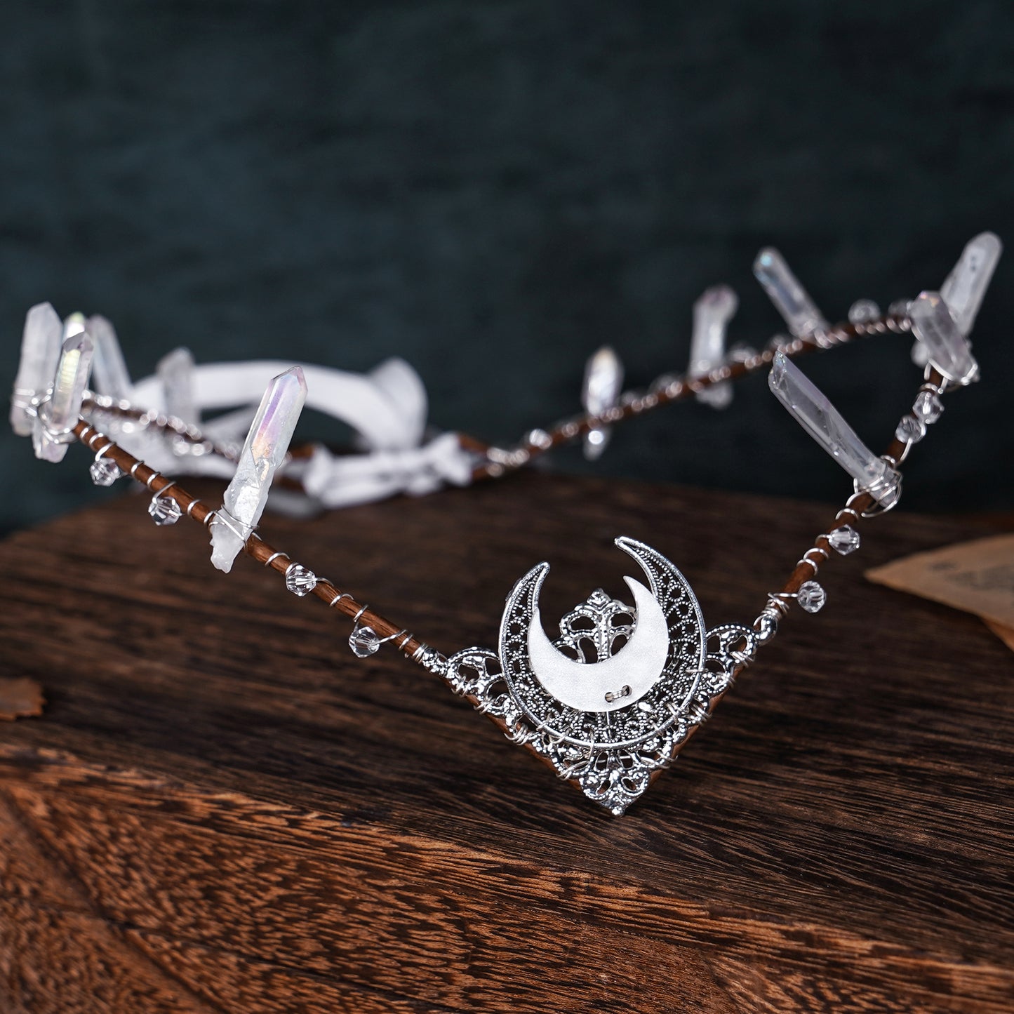 White Moon Tiara Headband: Silver Crystal Crown